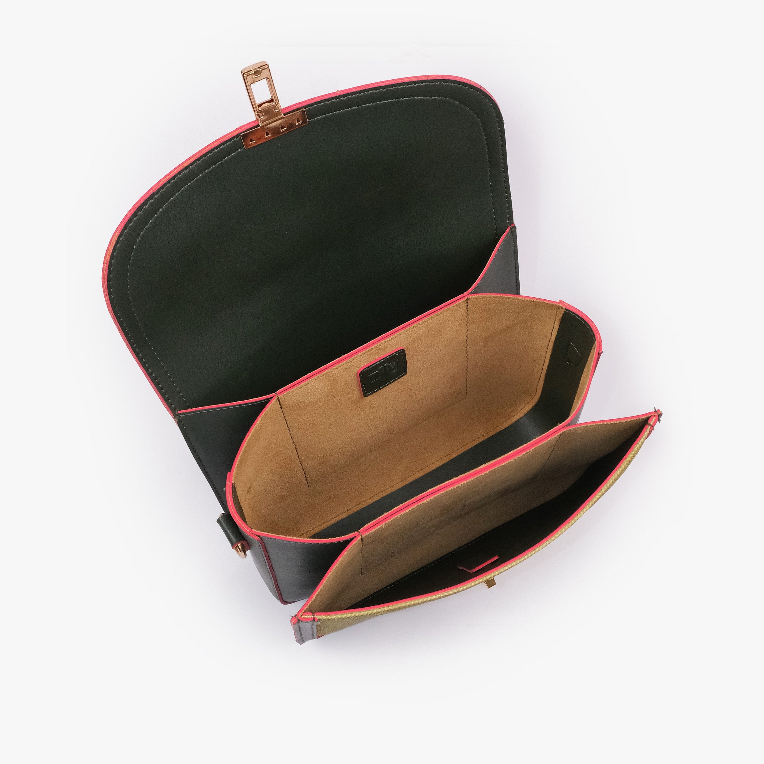 Olive contrast cross-body bag — interior open top-down, dark forest-green suede-feel lining, two compartments and center divider slip pocket