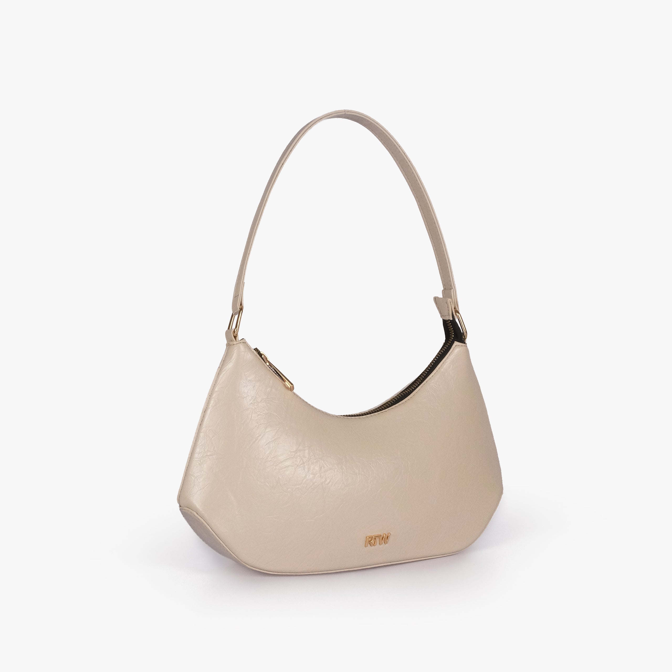 Pearl crinkle shoulder bag — 3/4 view showing the bag depth, slouchy curved shape, and shoulder handle