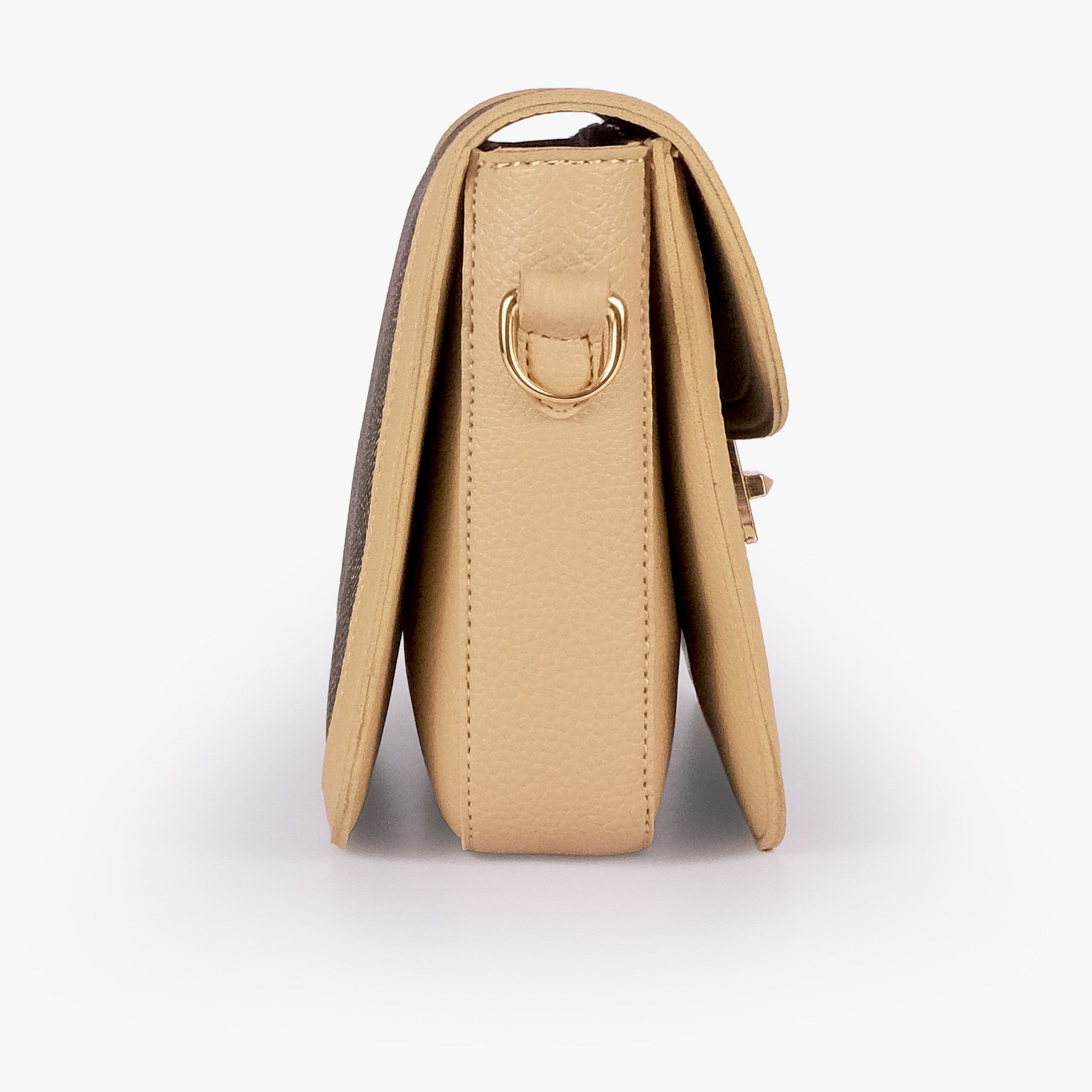 Mocha contrast cross-body bag — side profile showing slim gusset and gold D-ring on cream pebbled trim