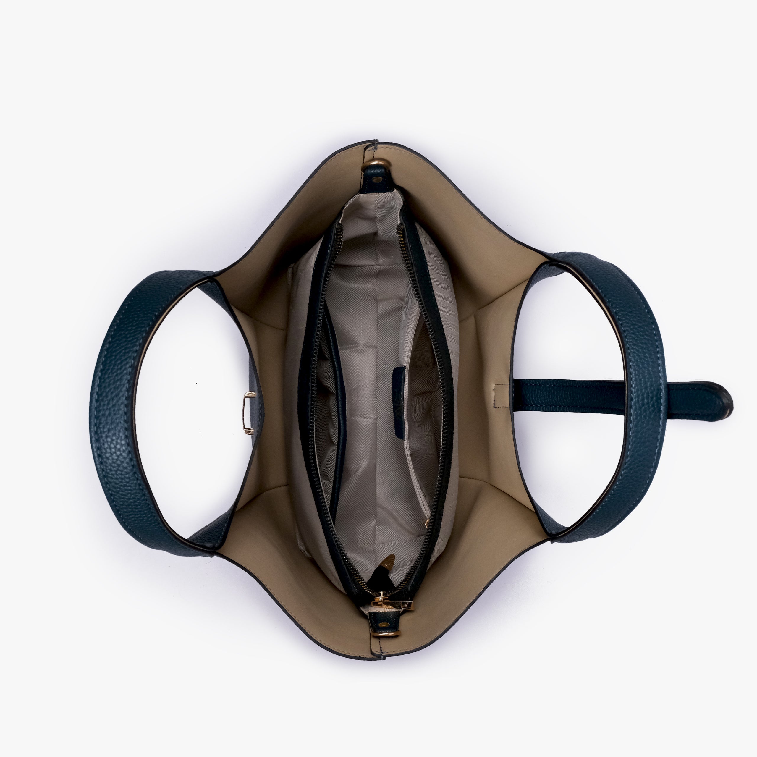 Interior of Teal scoop mini tote bag showing the central zippered compartment