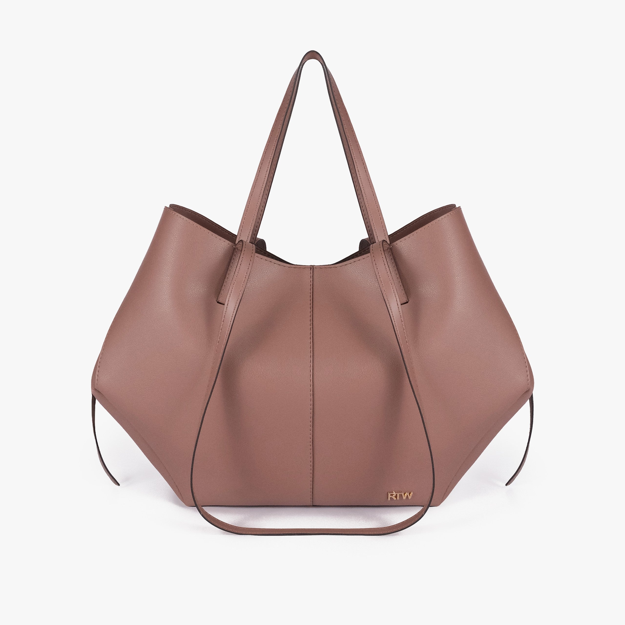 Brown atelier tote — front straight-on view showing wing-cut origami silhouette, center seam, side cinch ties hanging, gold RTW logo lower center