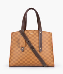 Brown checkered multi compartment satchel bag