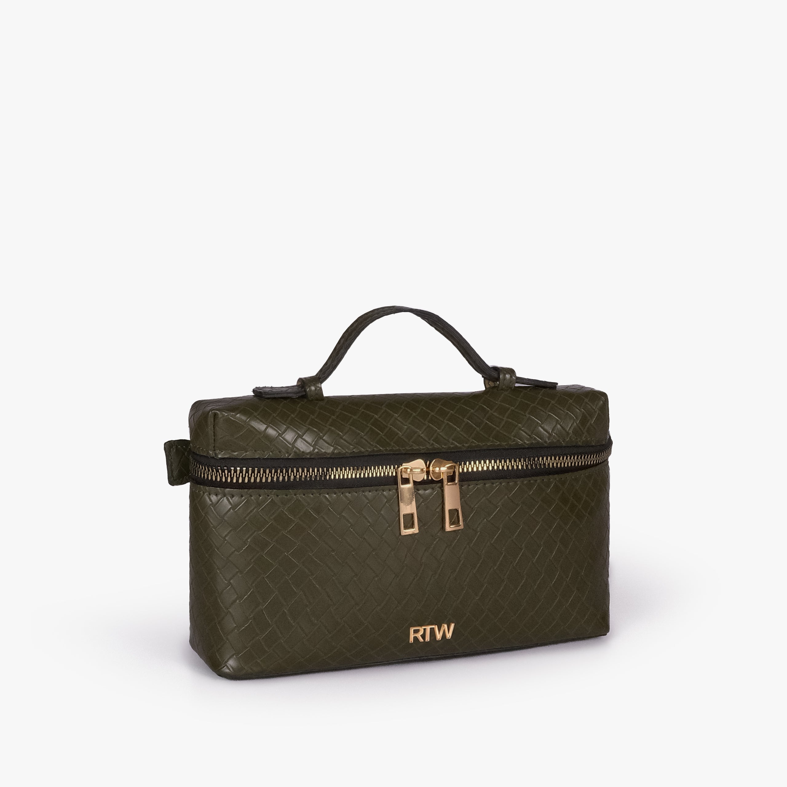 Olive green weave vanity top-handle bag — 3/4 quarter view showing the compact boxy vanity shape, rounded edges, diamond quilting, strap attachment, and side depth
