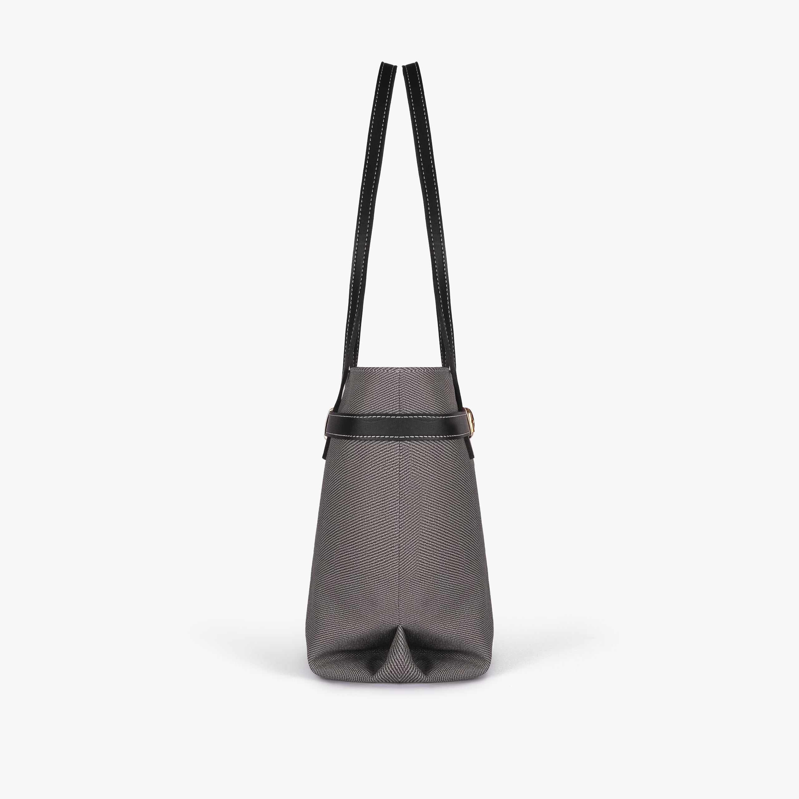 Charcoal belted tote bag — side profile showing the slim depth, folded side gusset, smooth trim edge, and long shoulder handle drop, charcoal gray textured body with black smooth faux-leather trim