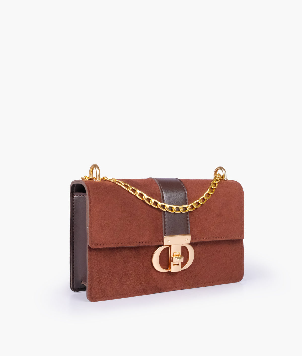 Dark brown suede east-west shoulder bag with half chain