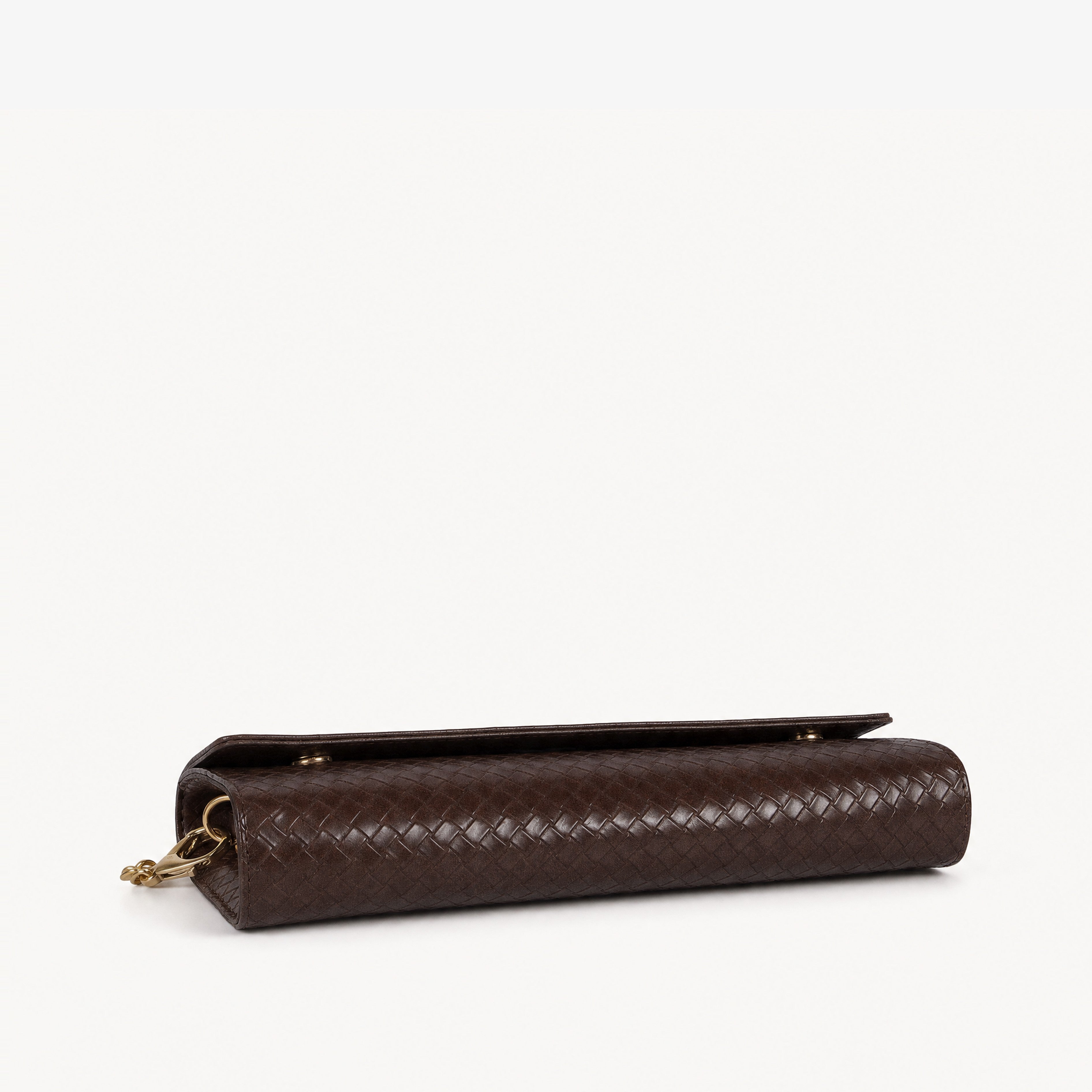 Deep chocolate woven weave clutch — top-down flat view showing flap closure and full chocolate weave surface