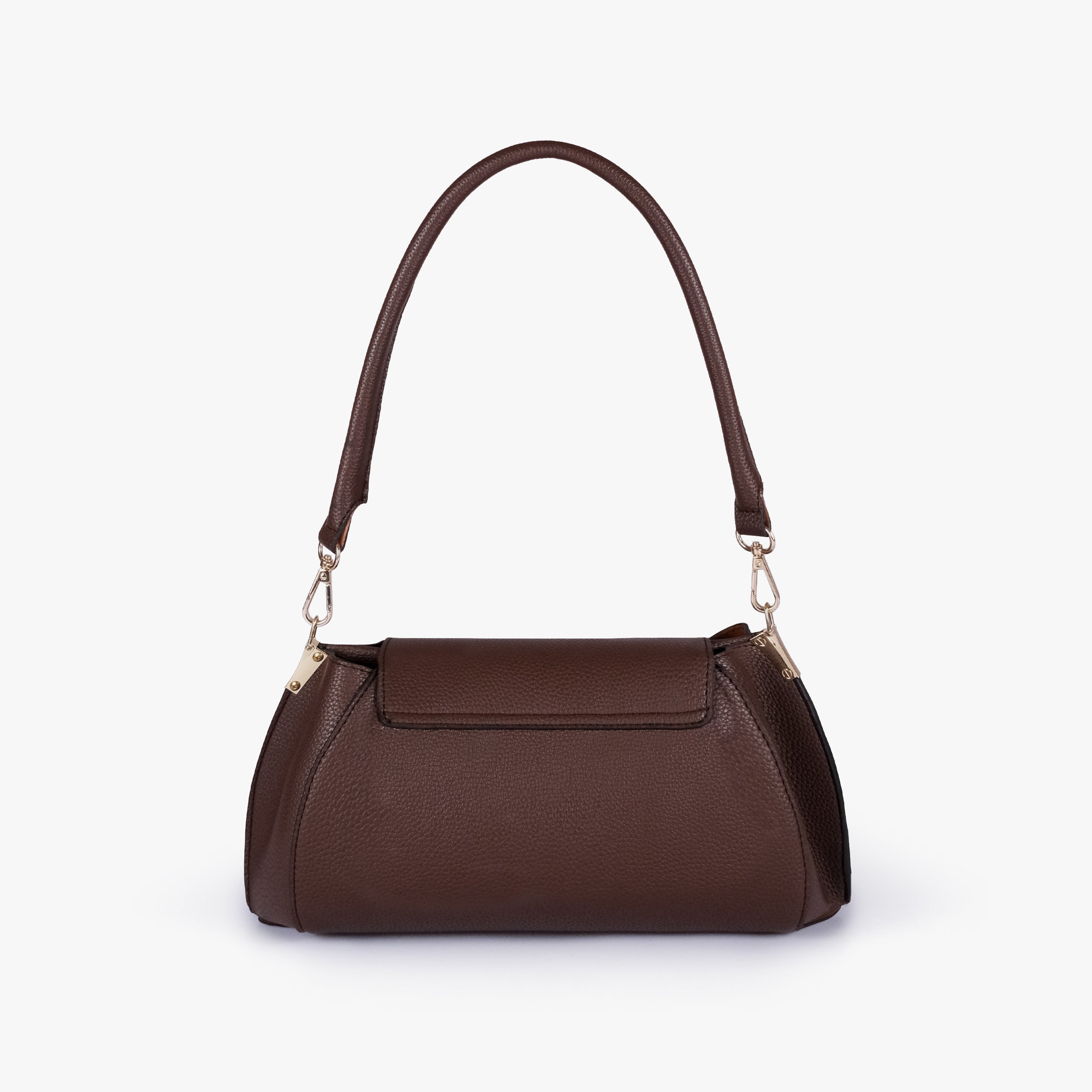 Back view of Dark brown pebble baguette bag with exterior slip pocket
