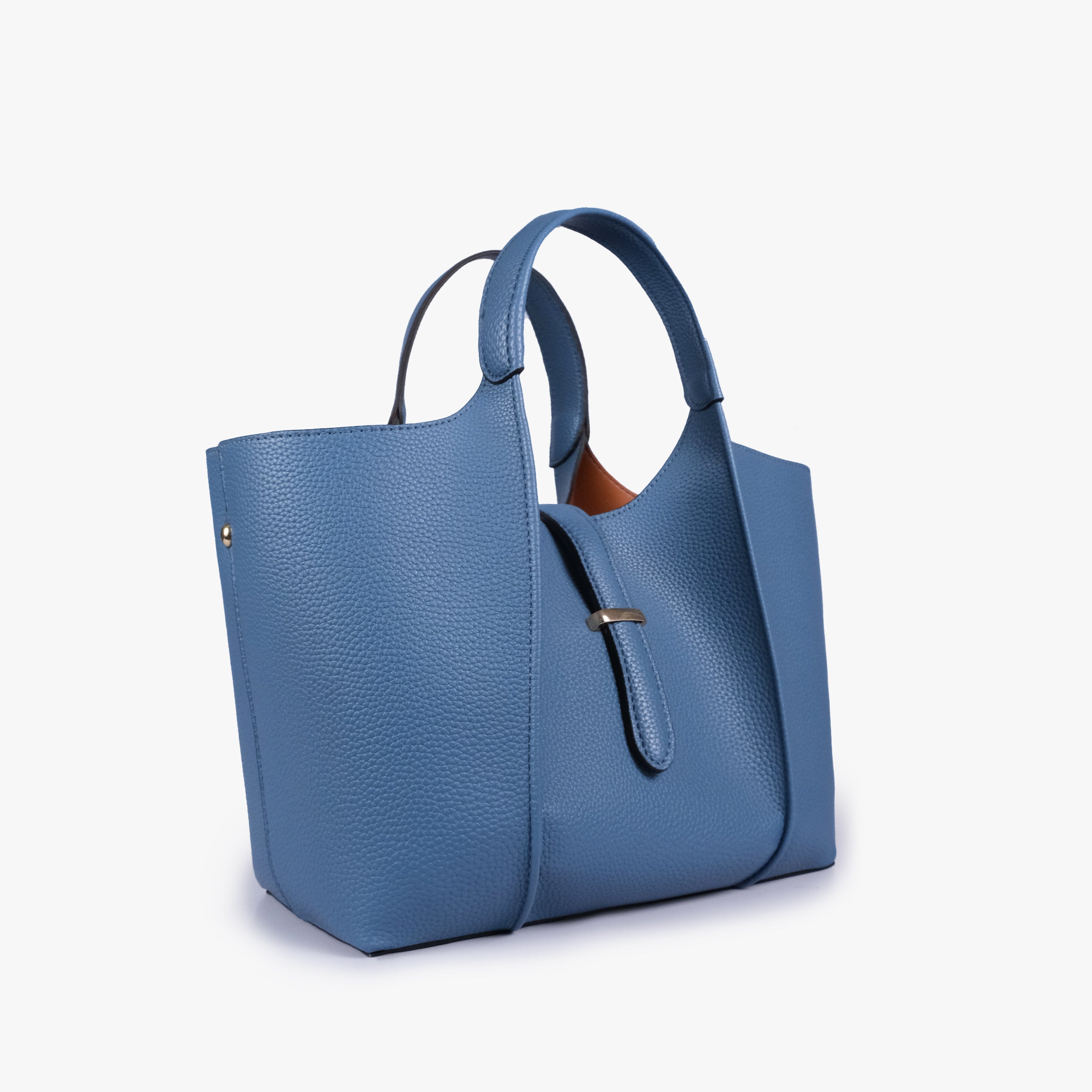 Blue scoop mini tote bag in three-quarter view