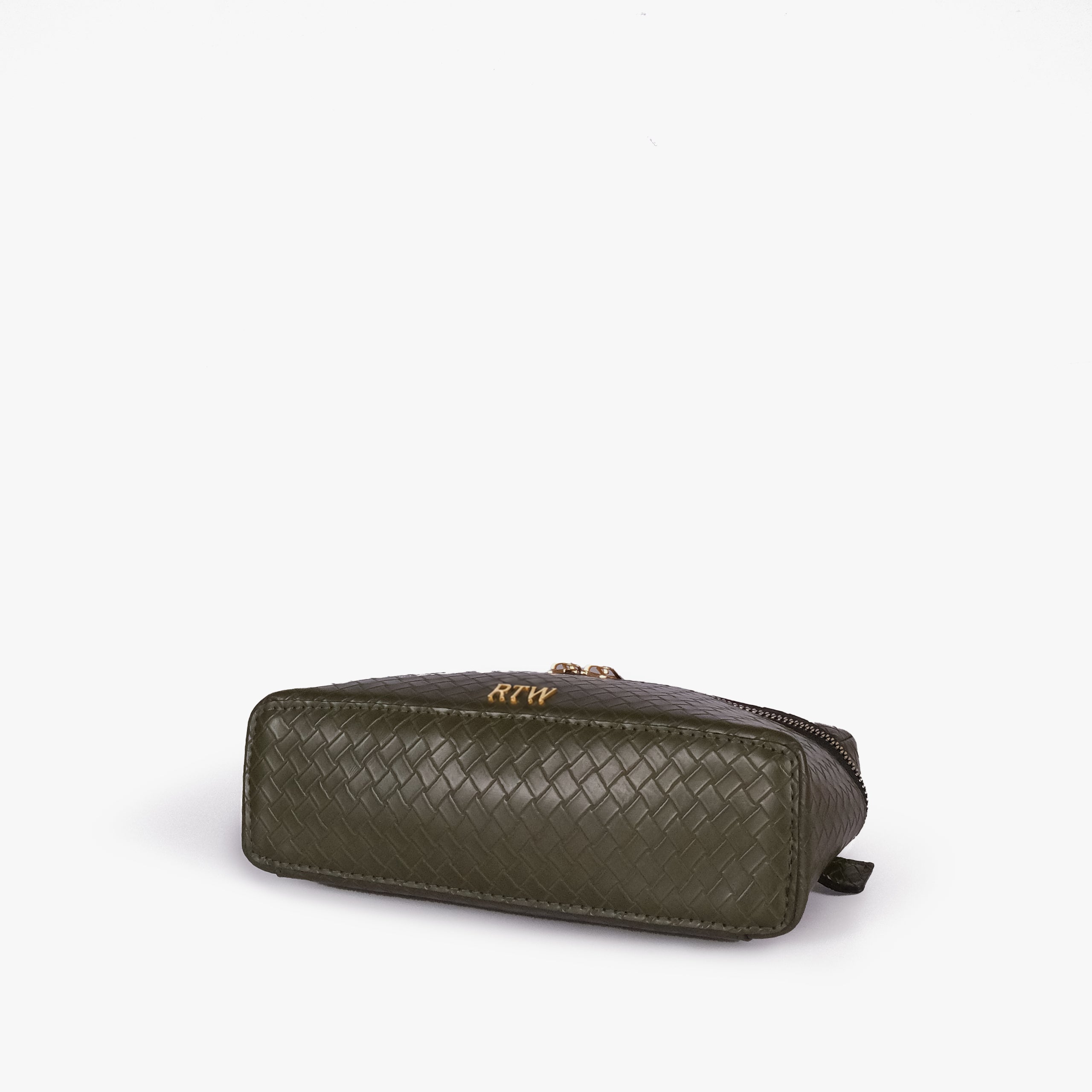 Olive green weave vanity top-handle bag — base angle showing the elongated flat rectangular bottom with rounded corners and continuous diamond quilting