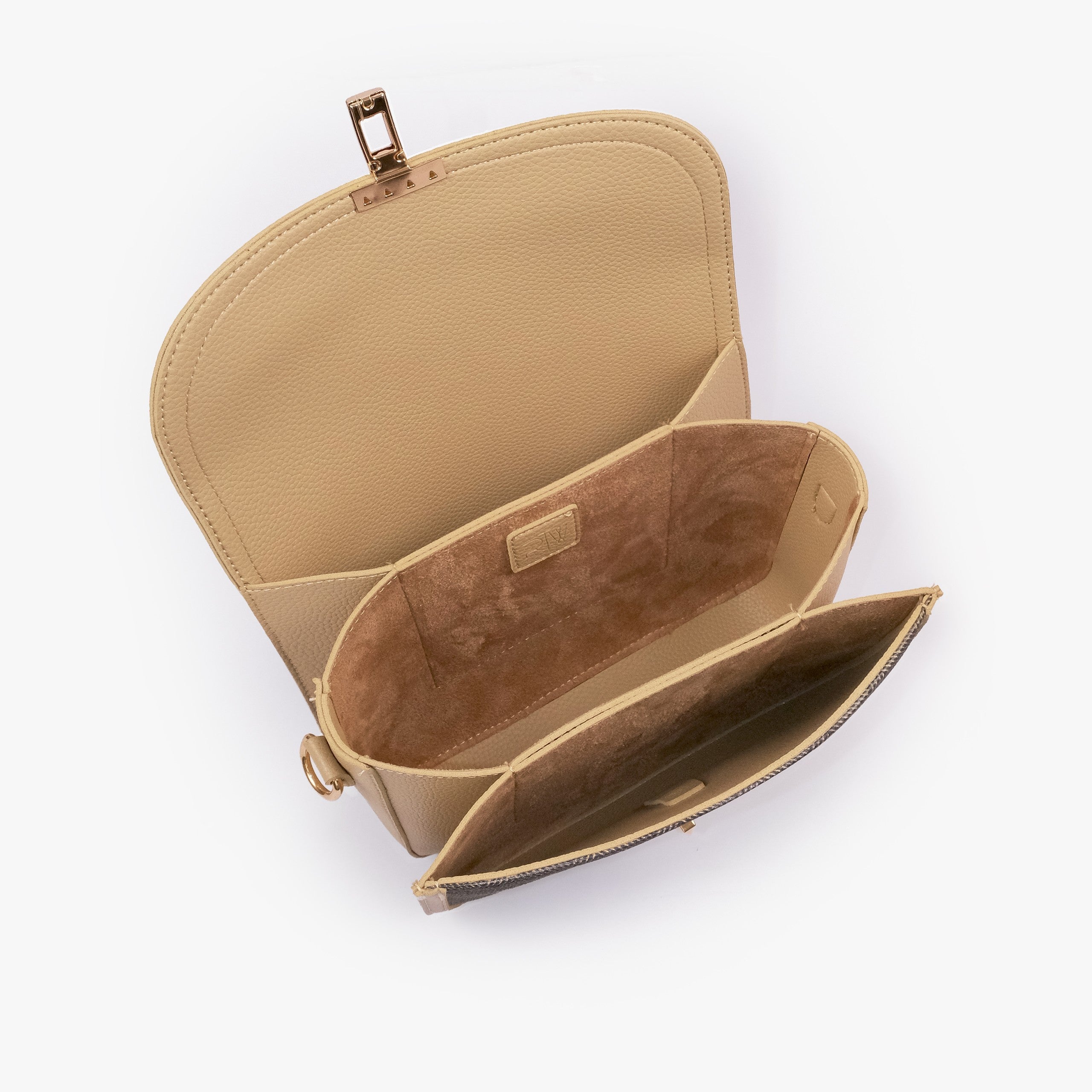 Mocha contrast cross-body bag — interior open top-down, off-white cream suede-feel lining, two compartments and center divider slip pocket