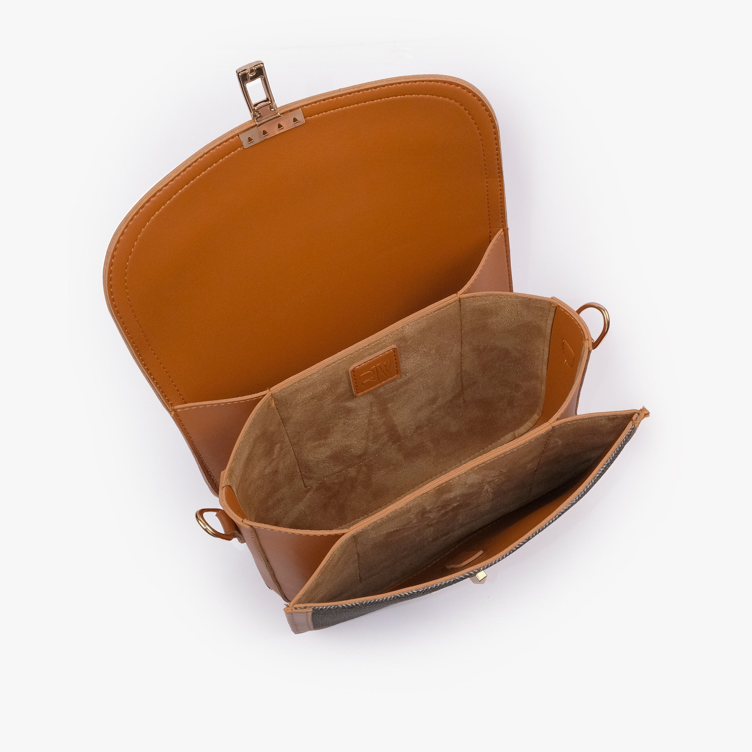 Camel contrast cross-body bag — interior open top-down, warm camel suede-feel lining, two compartments and divider slip pocket