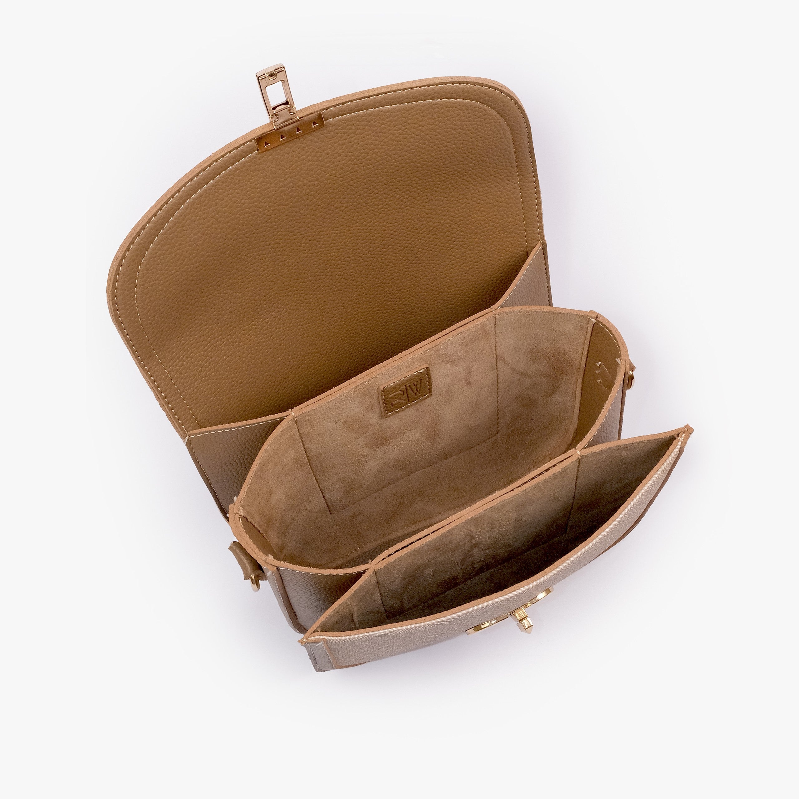 Wheat contrast cross-body bag — interior open top-down, warm camel suede-feel lining, two compartments and center divider slip pocket