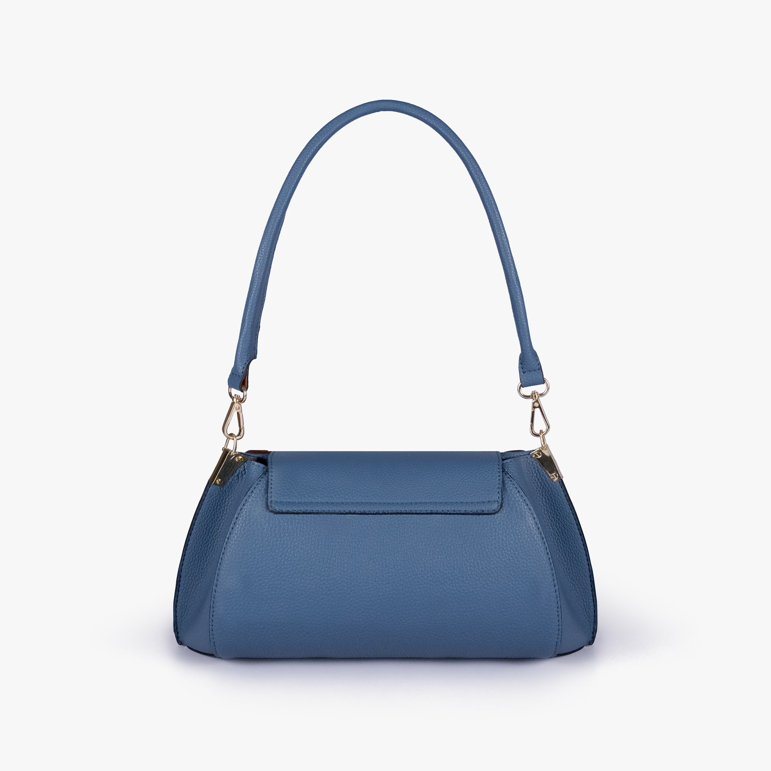 Back view of Blue pebble baguette bag with exterior slip pocket