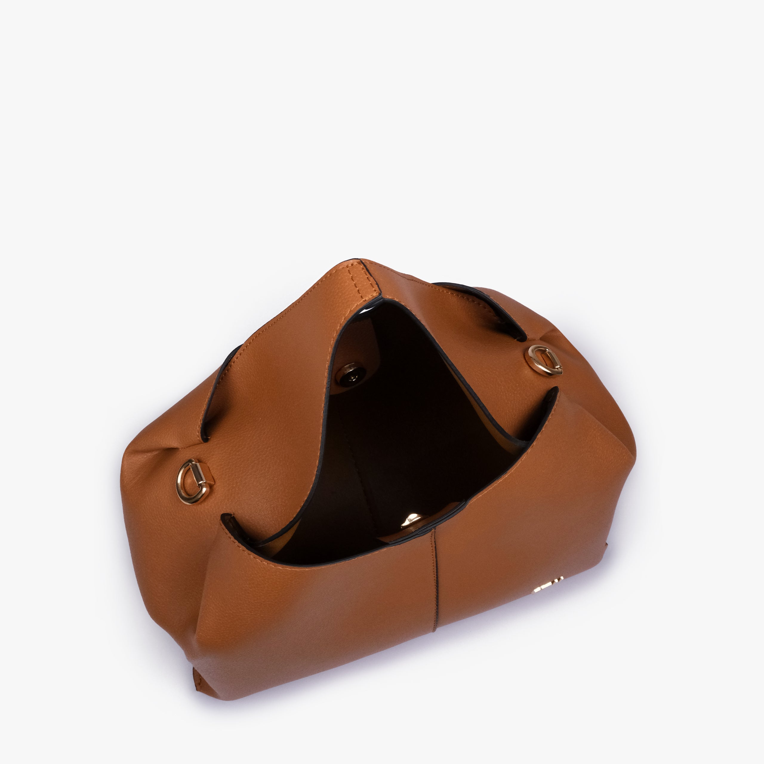 Open interior of Tan draped mini tote