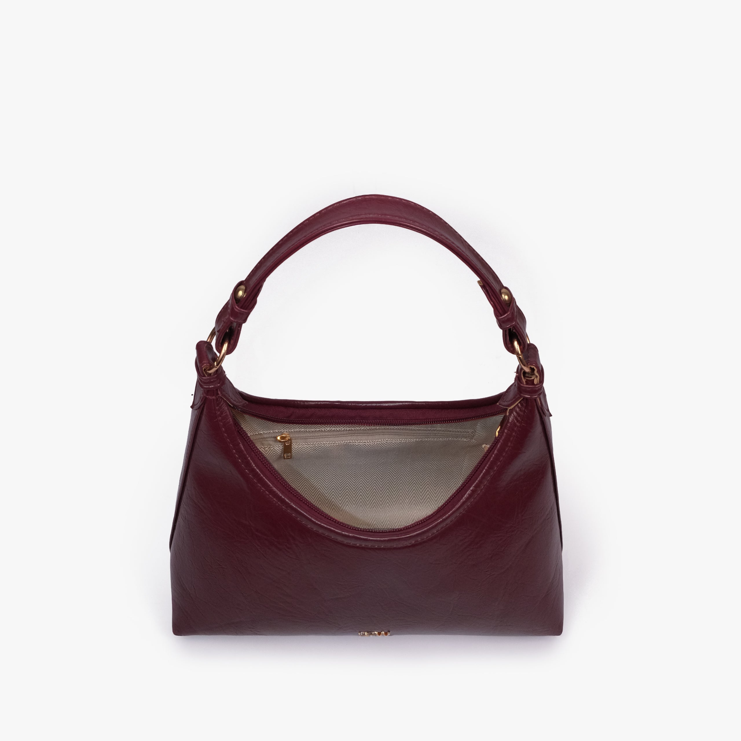 Maroon crinkle crescent hobo — interior view showing the zip-top opening and dark-lined main compartment