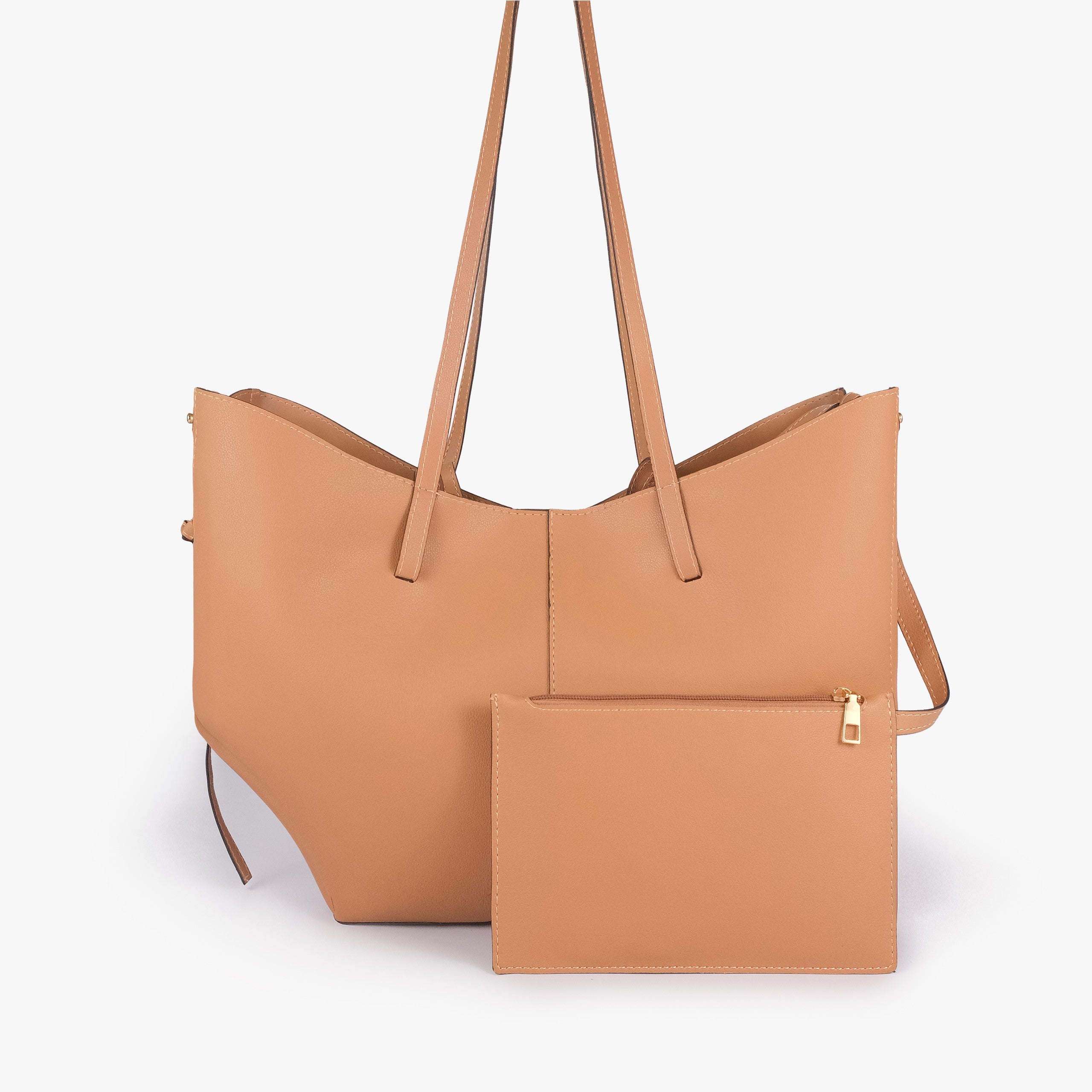 Coffee atelier tote — back view with matching camel-tan detachable zip pouch alongside, gold zipper