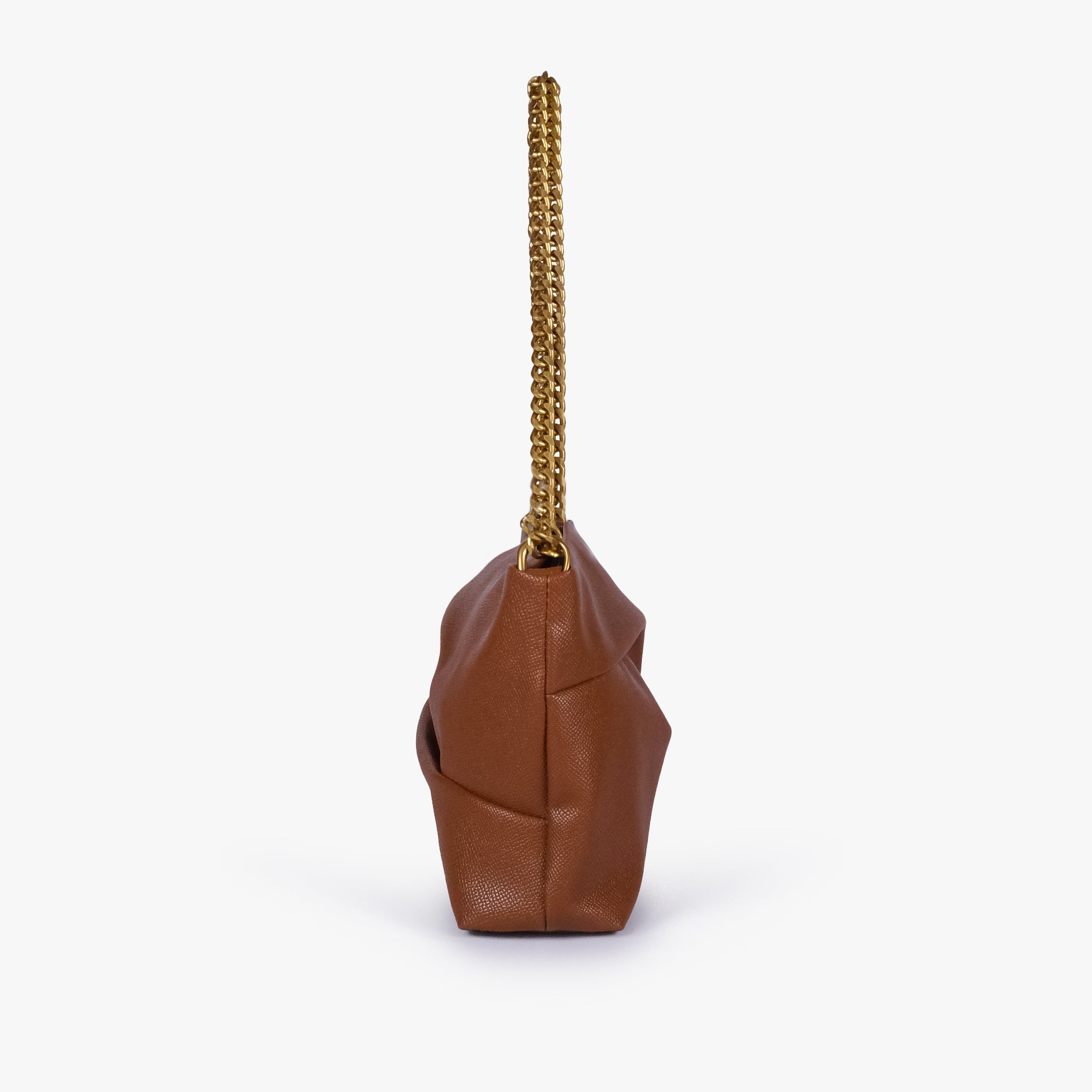 Horse brown pleated clutch bag with chain — side profile showing the narrow gusset, chain attachment and folded panel construction, warm cognac brown