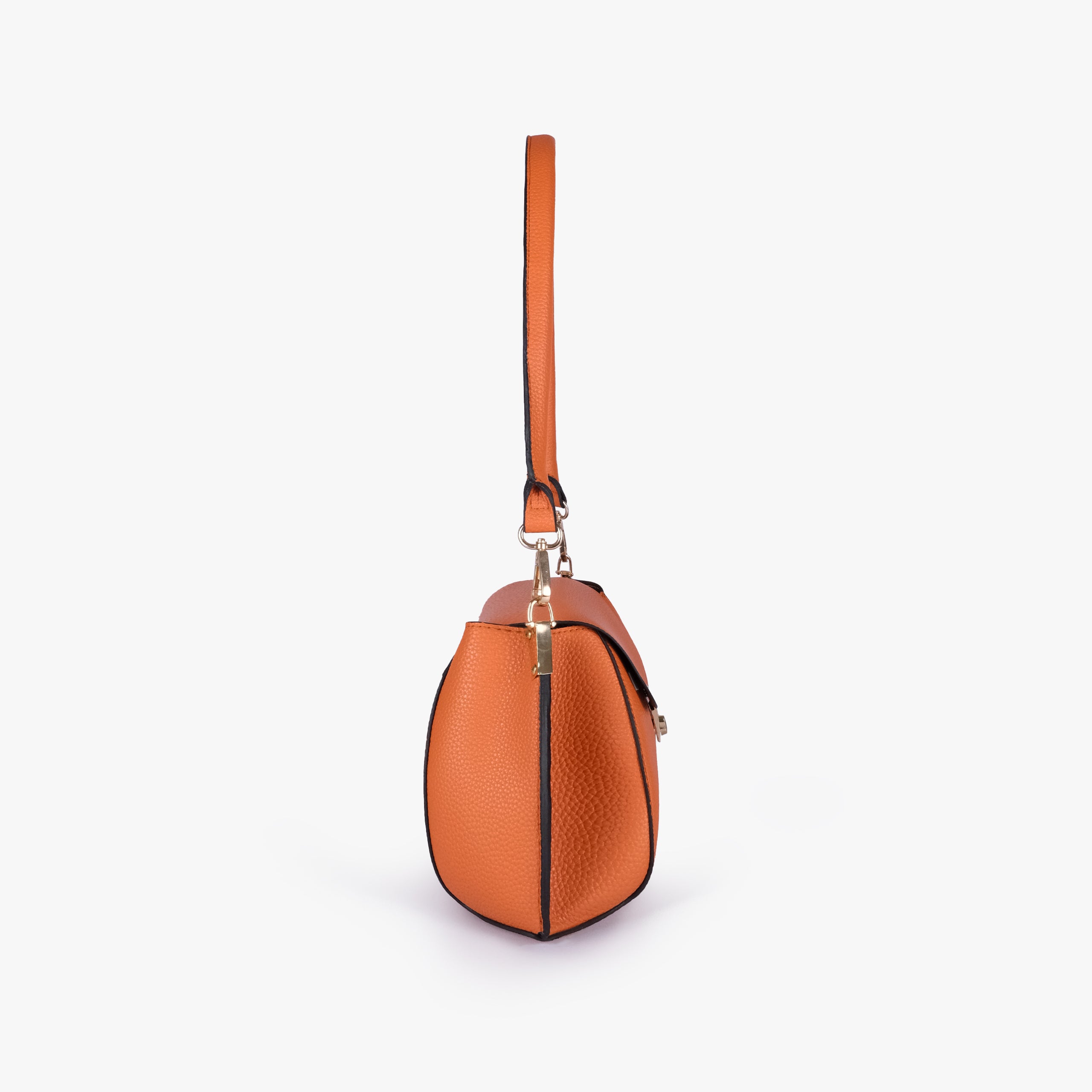 Side profile of Orange pebble baguette bag