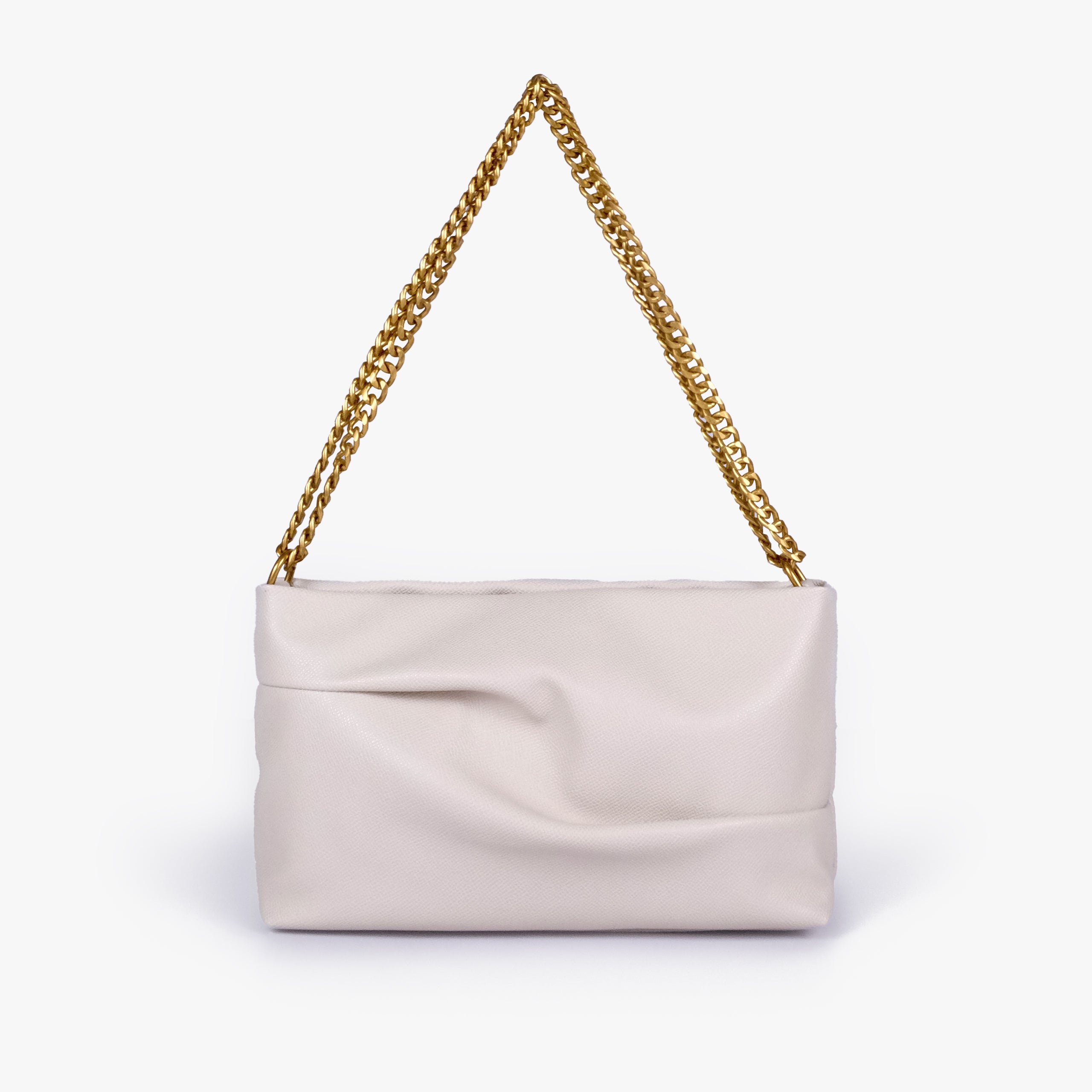 Cream pleated clutch bag with chain — straight-on front view showing the sculpted pleats, top edge and gold-tone chain shoulder carry, soft ivory cream