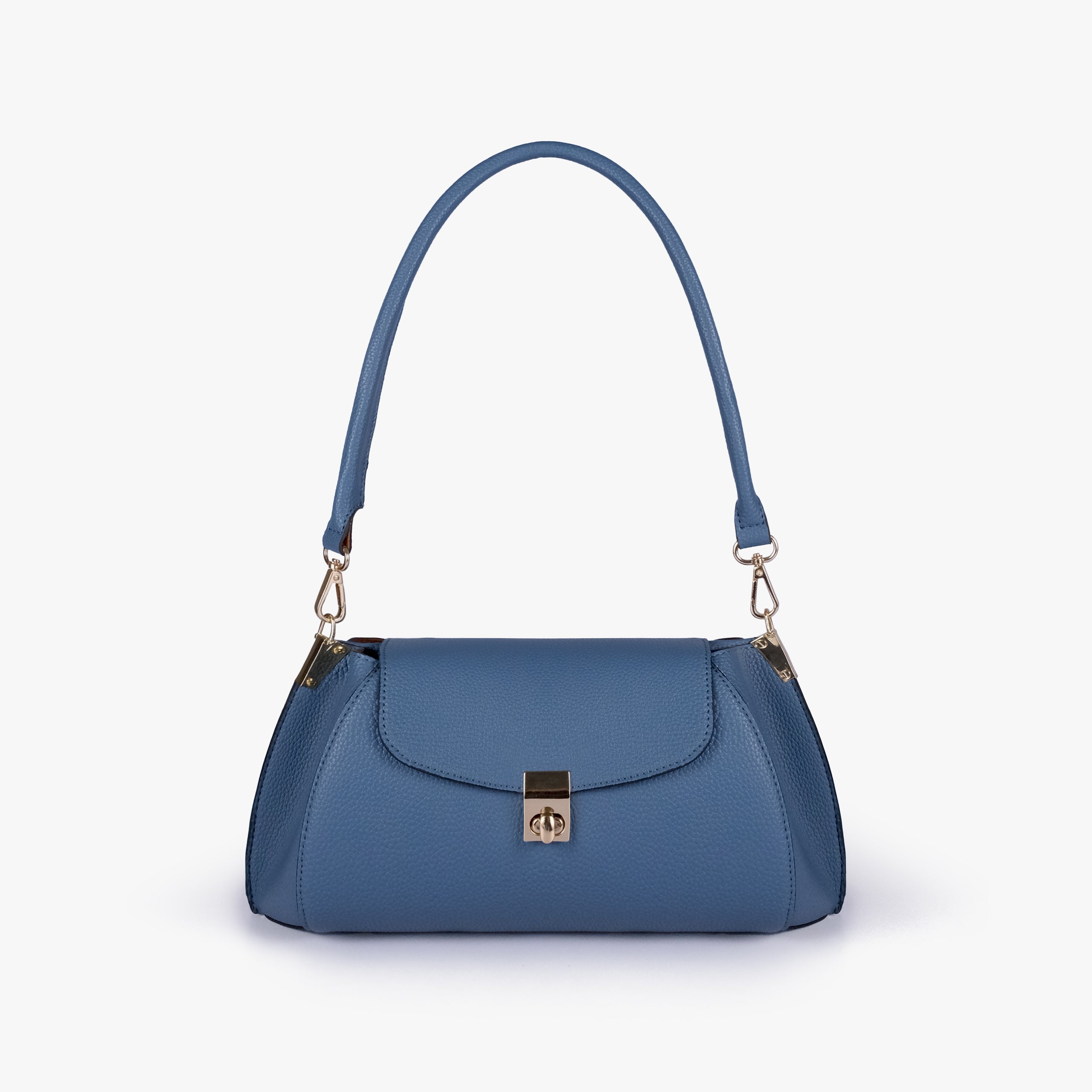 Front view of Blue pebble baguette bag