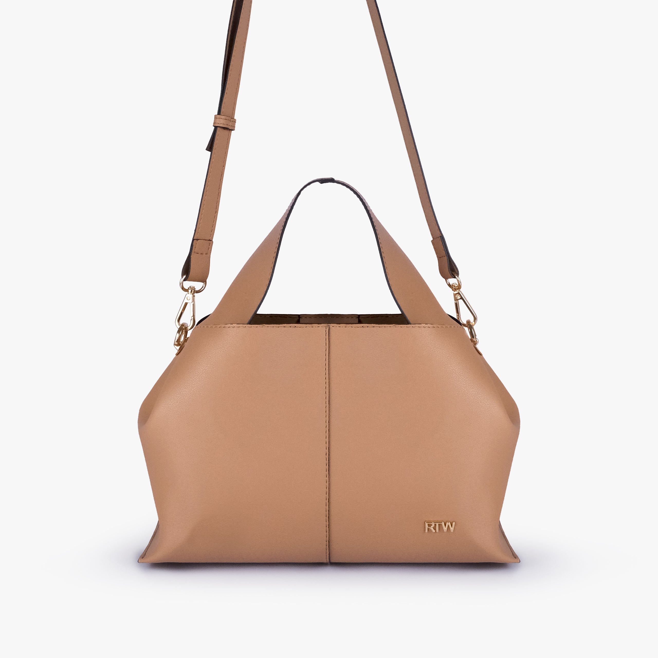 Front view of Coffee draped mini tote with detachable shoulder strap