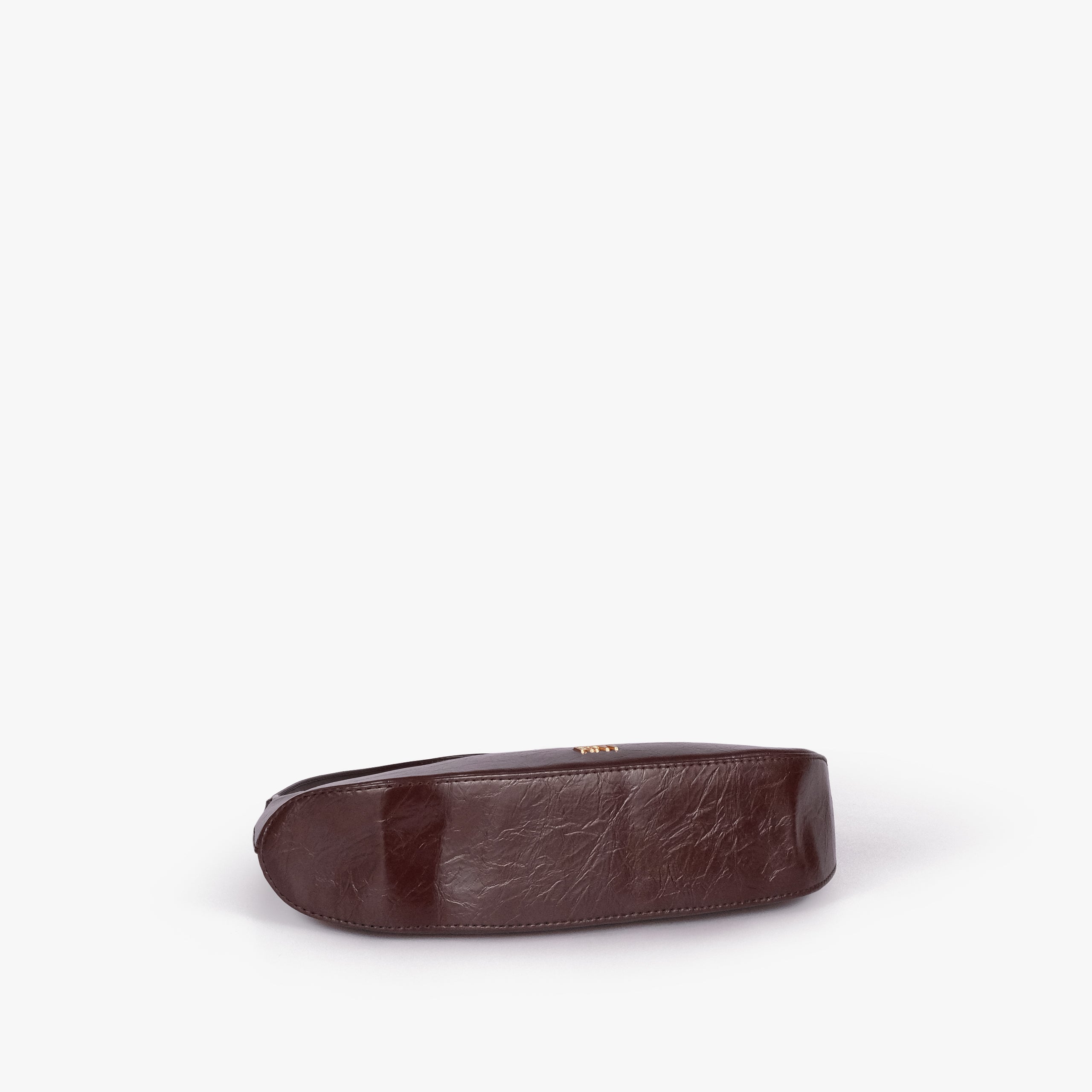Dark brown crinkle shoulder bag — base view showing the matching faux-leather bottom and softly structured shape