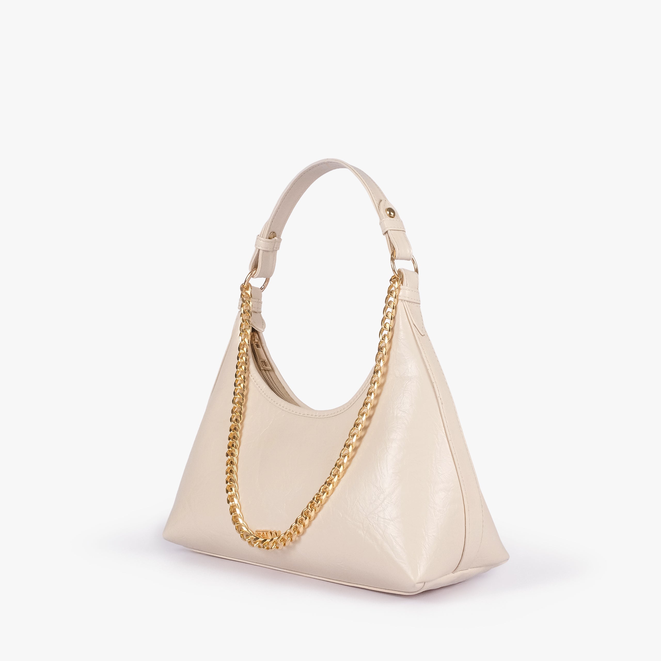 Pearl crinkle crescent hobo — 3/4 view showing the curved hobo silhouette, shoulder handle, and front chain detail