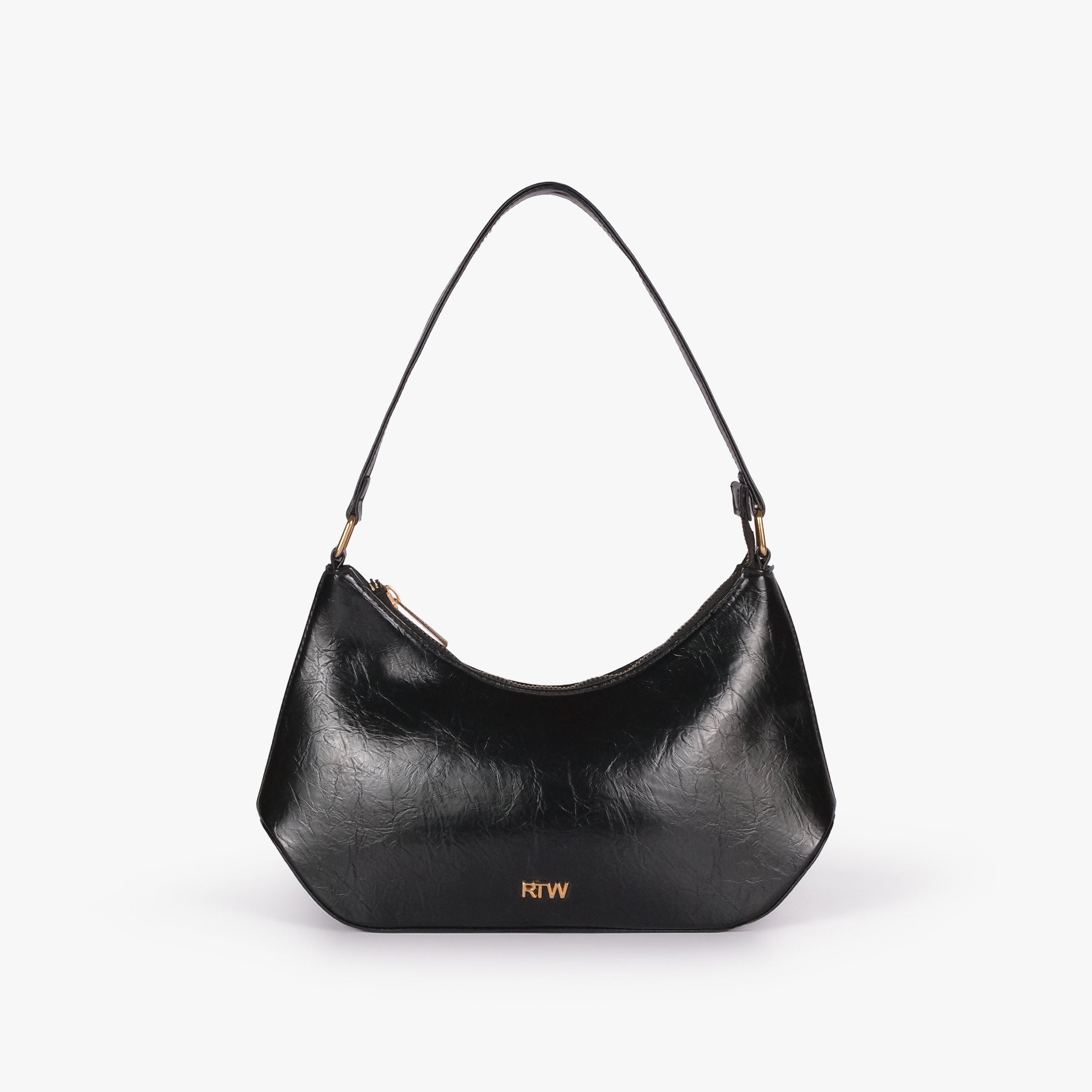 Black crinkle shoulder bag — front view showing the soft crinkle faux-leather body and shoulder-bag silhouette