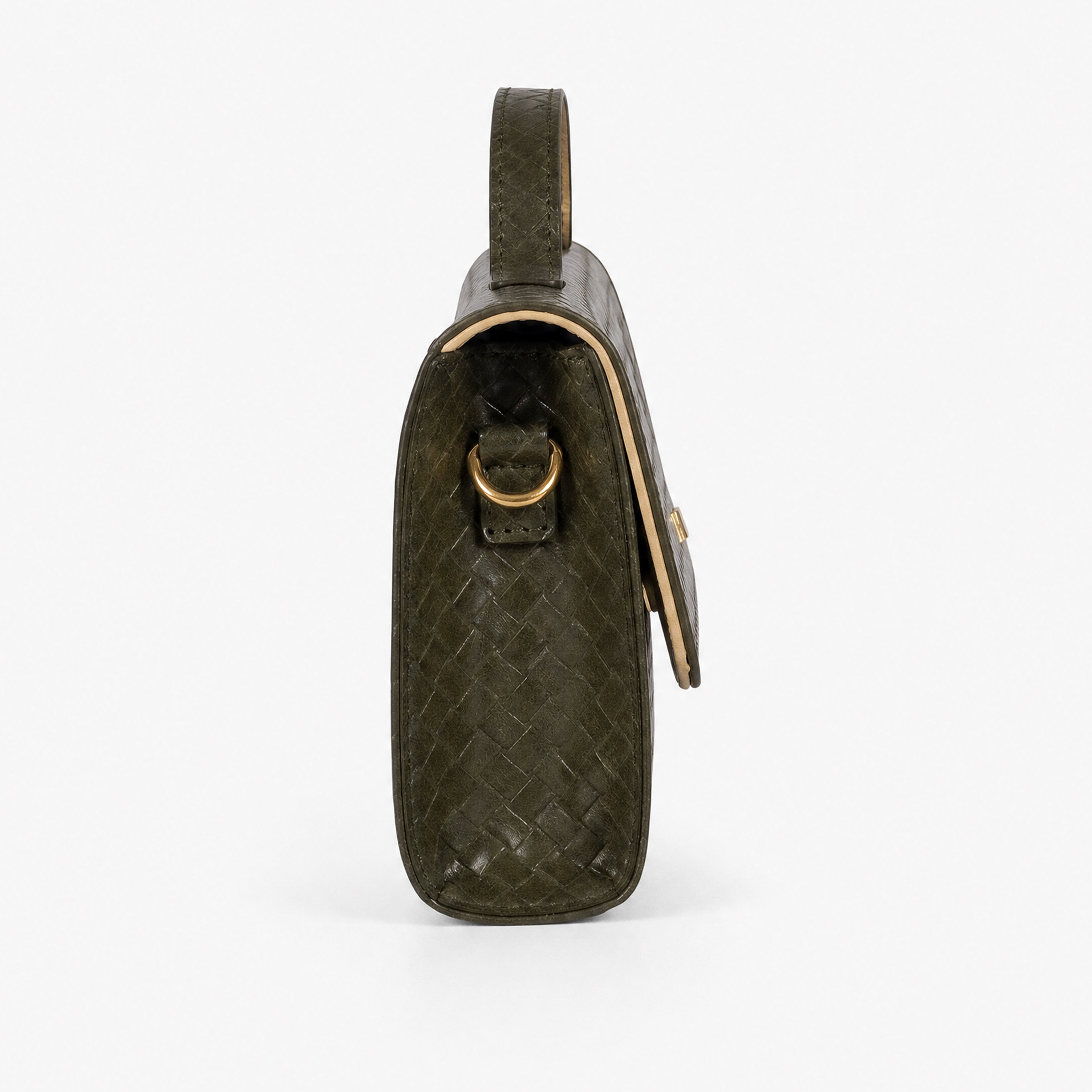 Dark olive woven weave clutch — side profile showing gold D-ring attachment, gusset depth, and top handle with tan backing