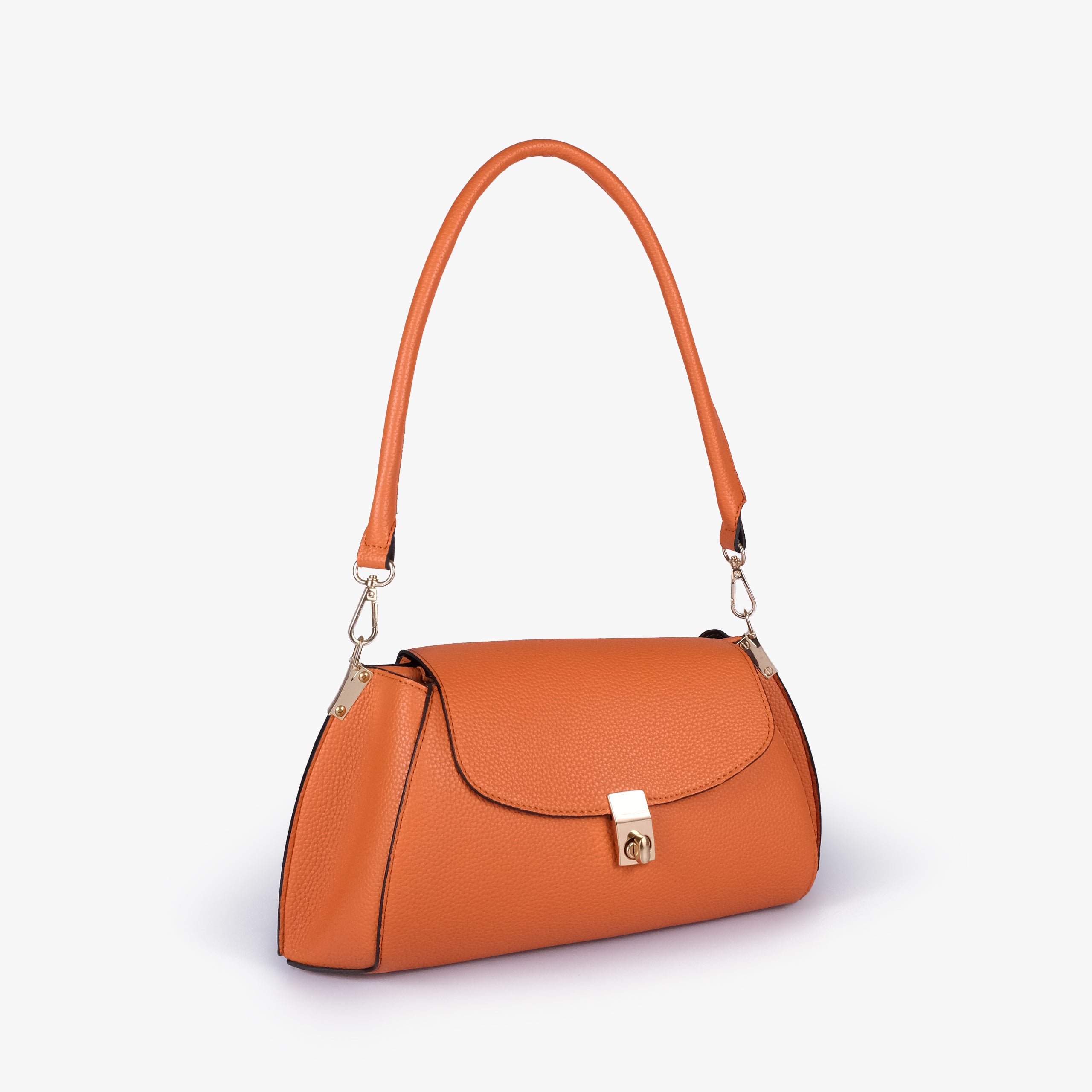 Orange pebble baguette bag in three-quarter view