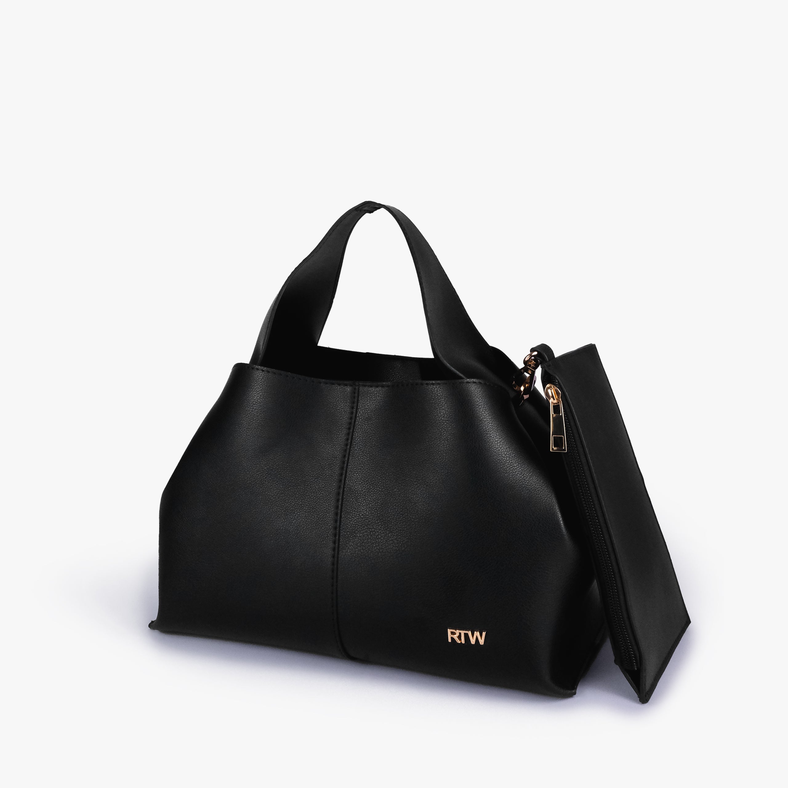 Black draped mini tote in three-quarter view