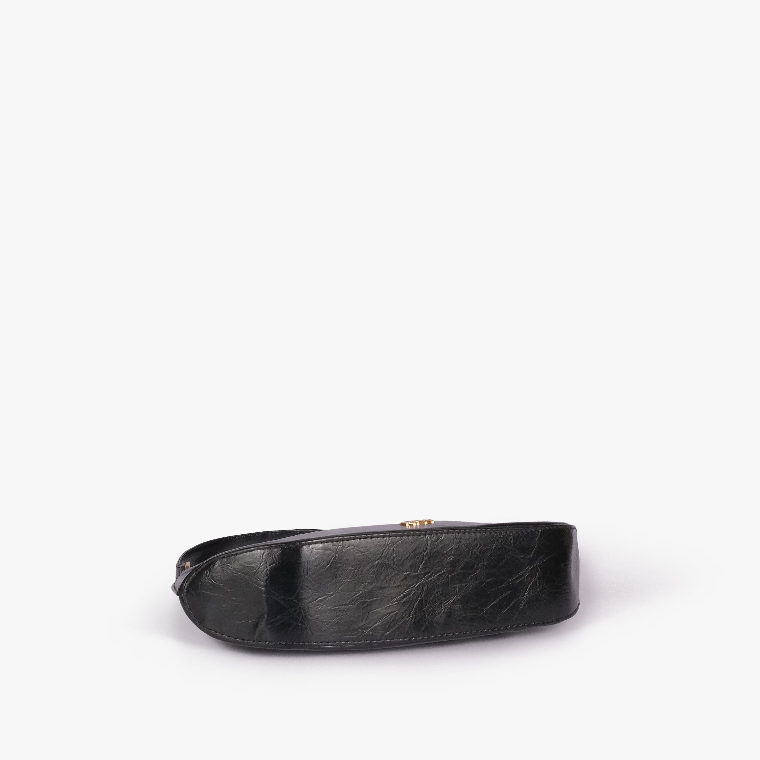 Black crinkle shoulder bag — base view showing the matching faux-leather bottom and softly structured shape