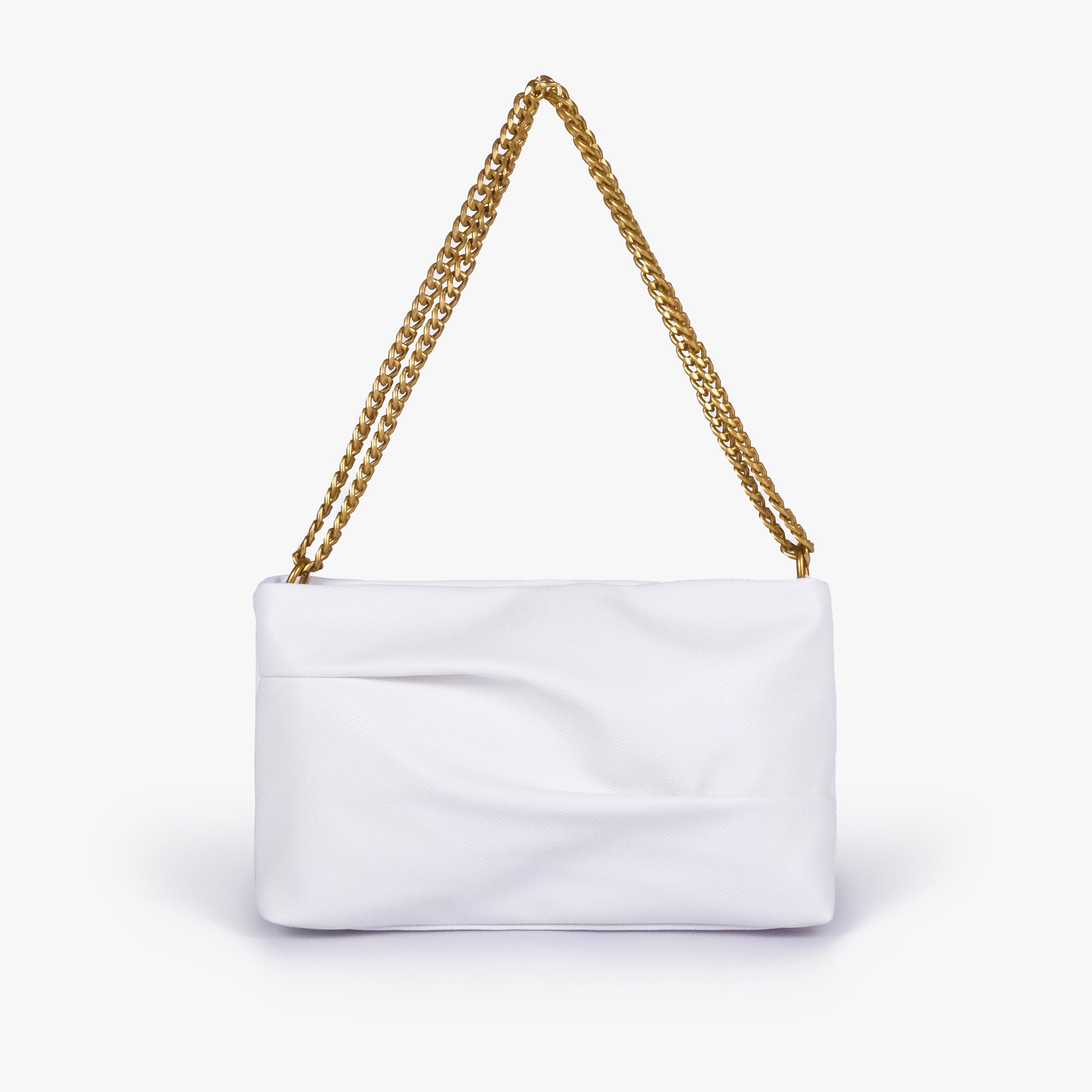 White pleated clutch bag with chain — straight-on front view showing the sculpted pleats, top edge and gold-tone chain shoulder carry, bright white