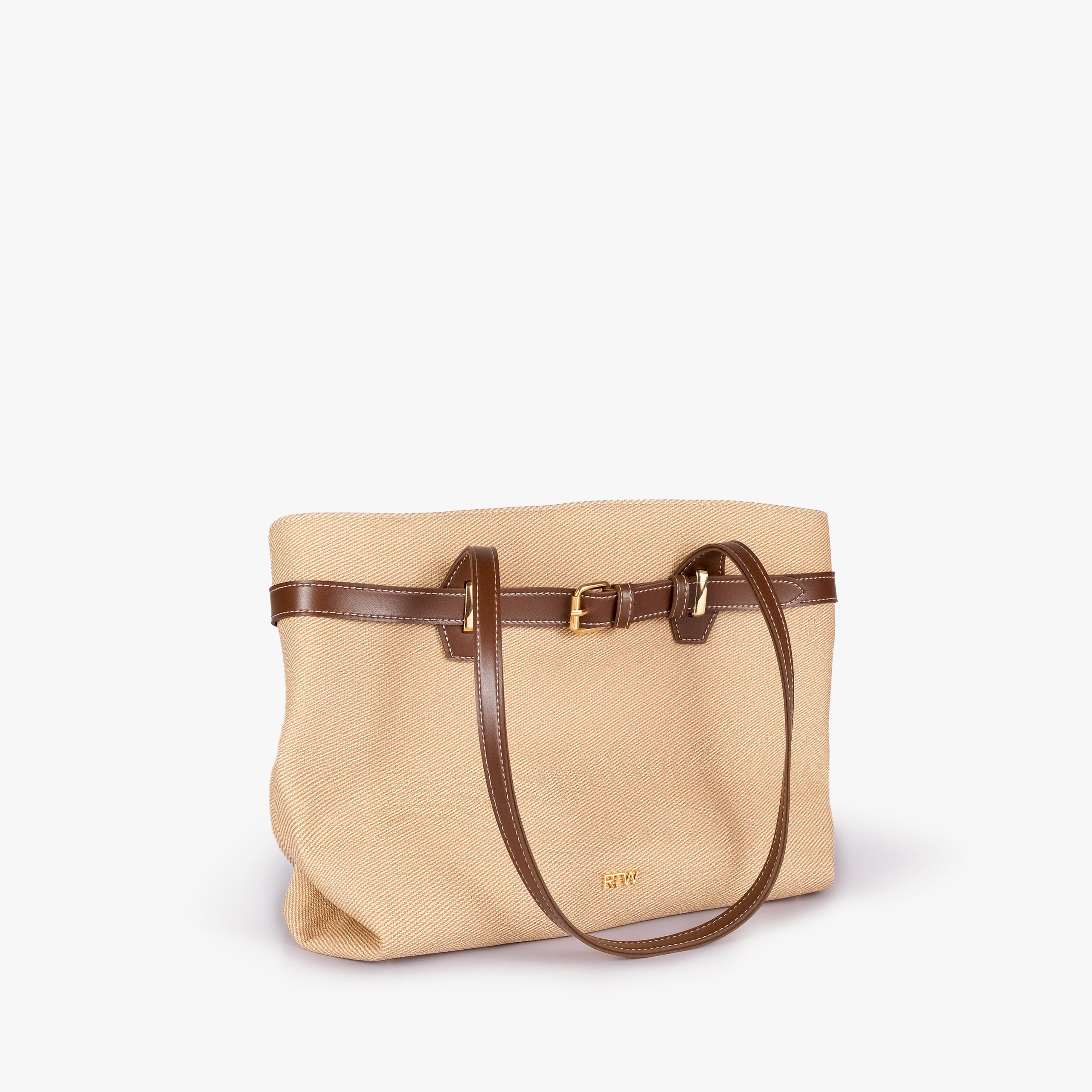 Brown belted tote bag — front angled hero view with the belt detail, draped handle, textured body, smooth trim, and gold-tone buckle hardware, cream-tan textured body with brown smooth faux-leather trim