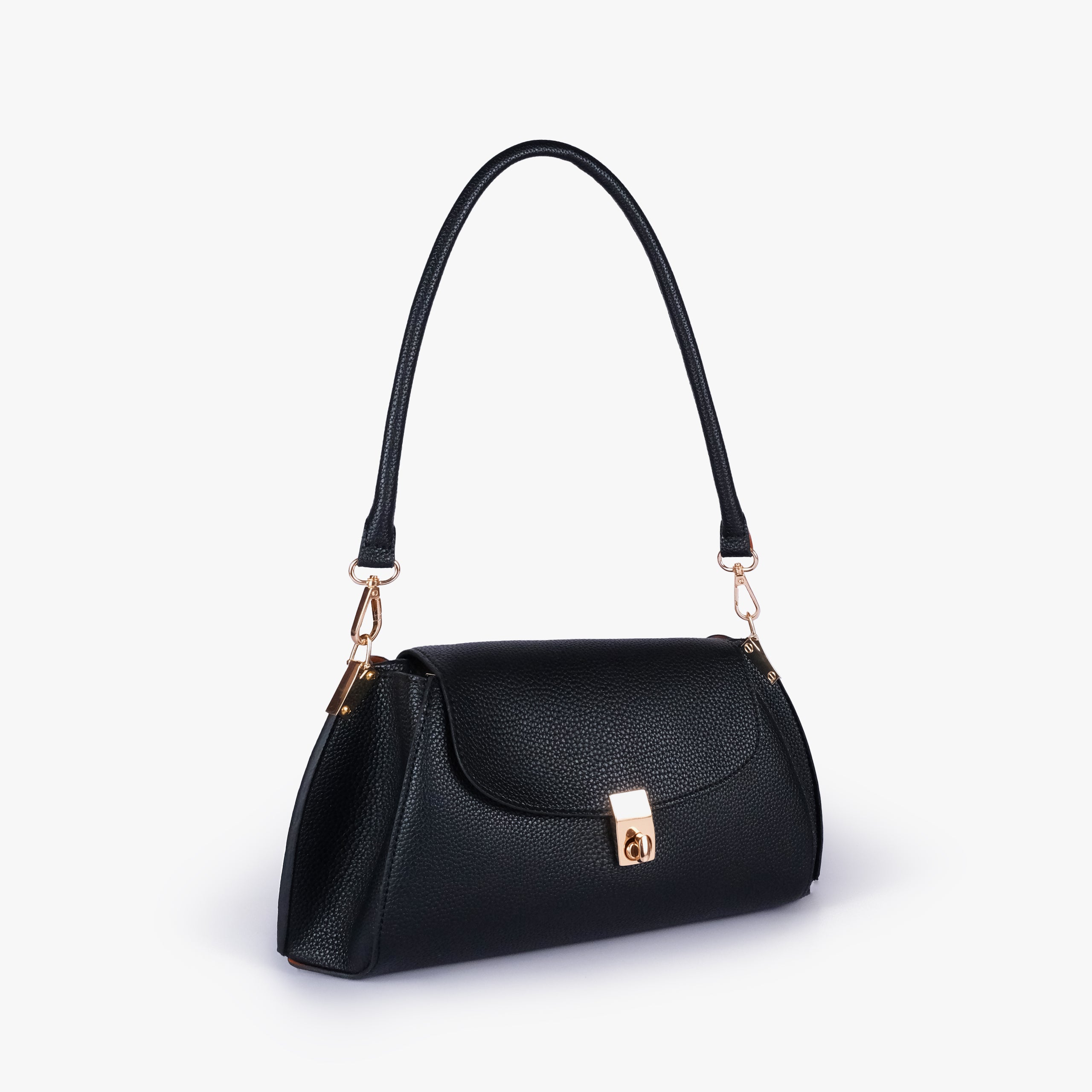 Black pebble baguette bag in three-quarter view