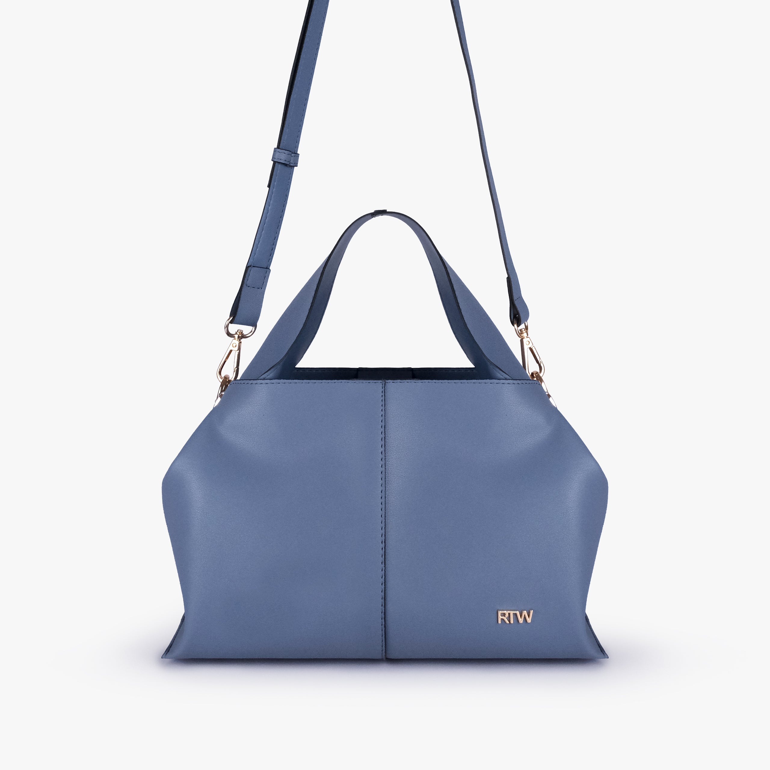 Front view of Sky blue draped mini tote with detachable shoulder strap