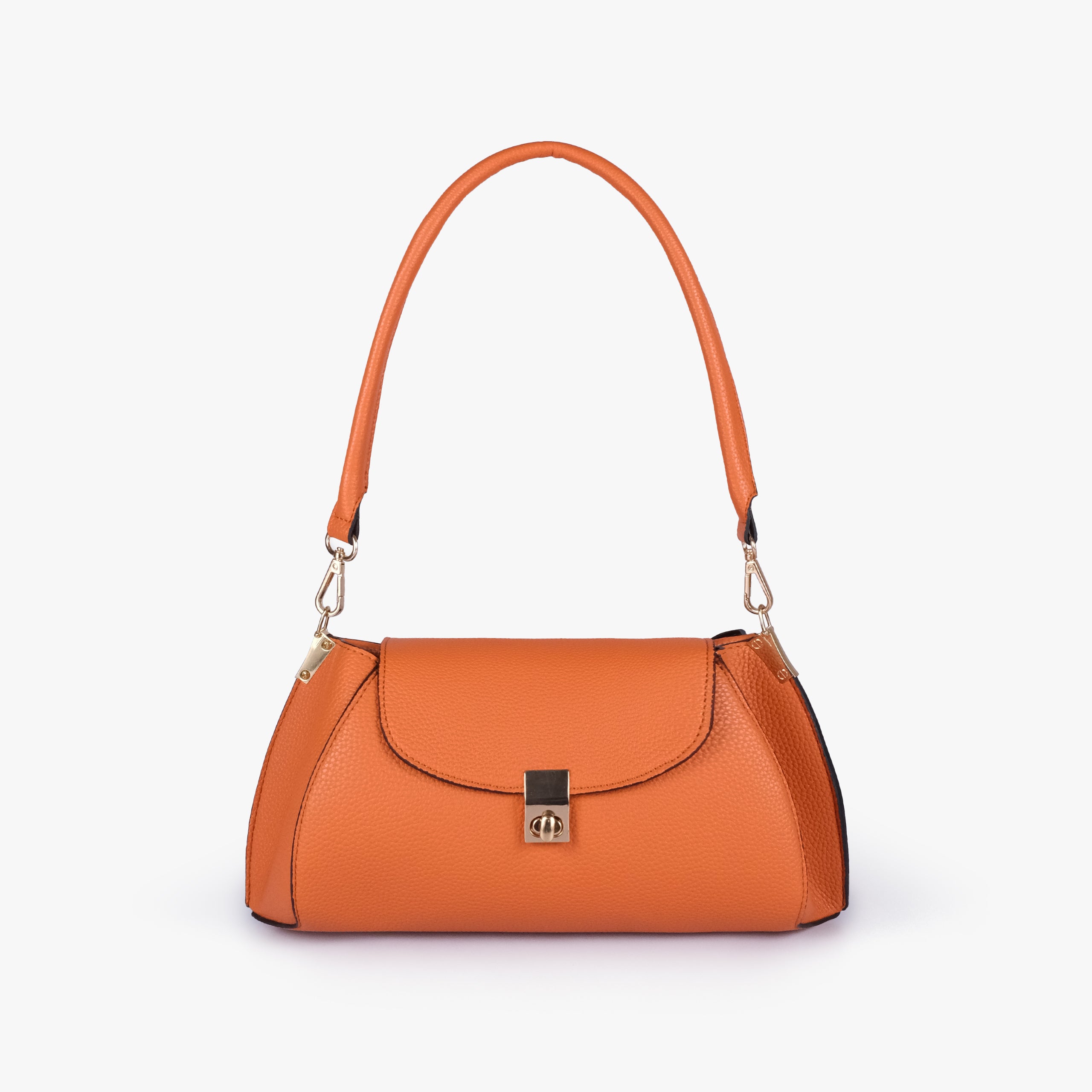 Front view of Orange pebble baguette bag