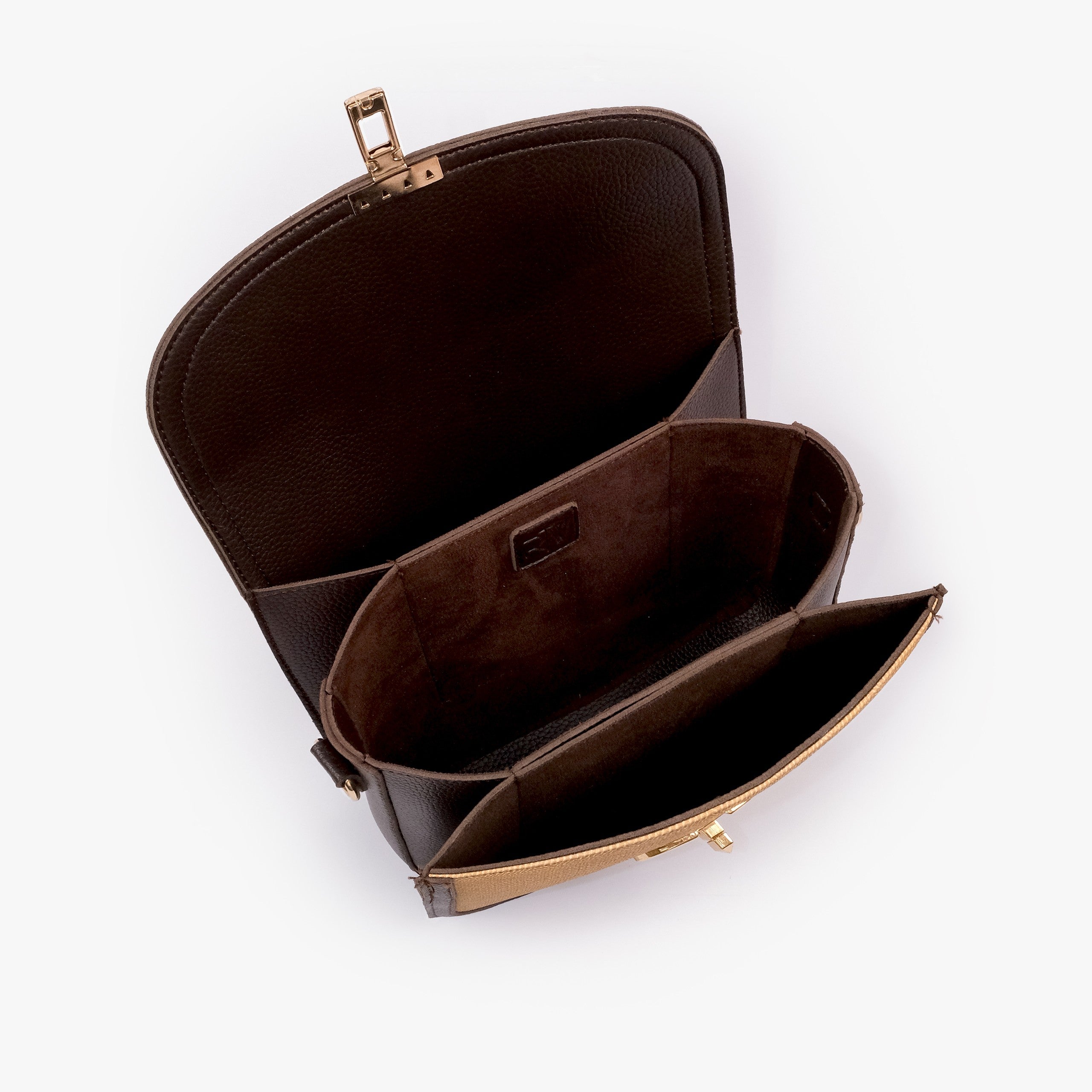 Beige contrast cross-body bag — interior open top-down, deep espresso suede-feel lining, two compartments and center divider slip pocket