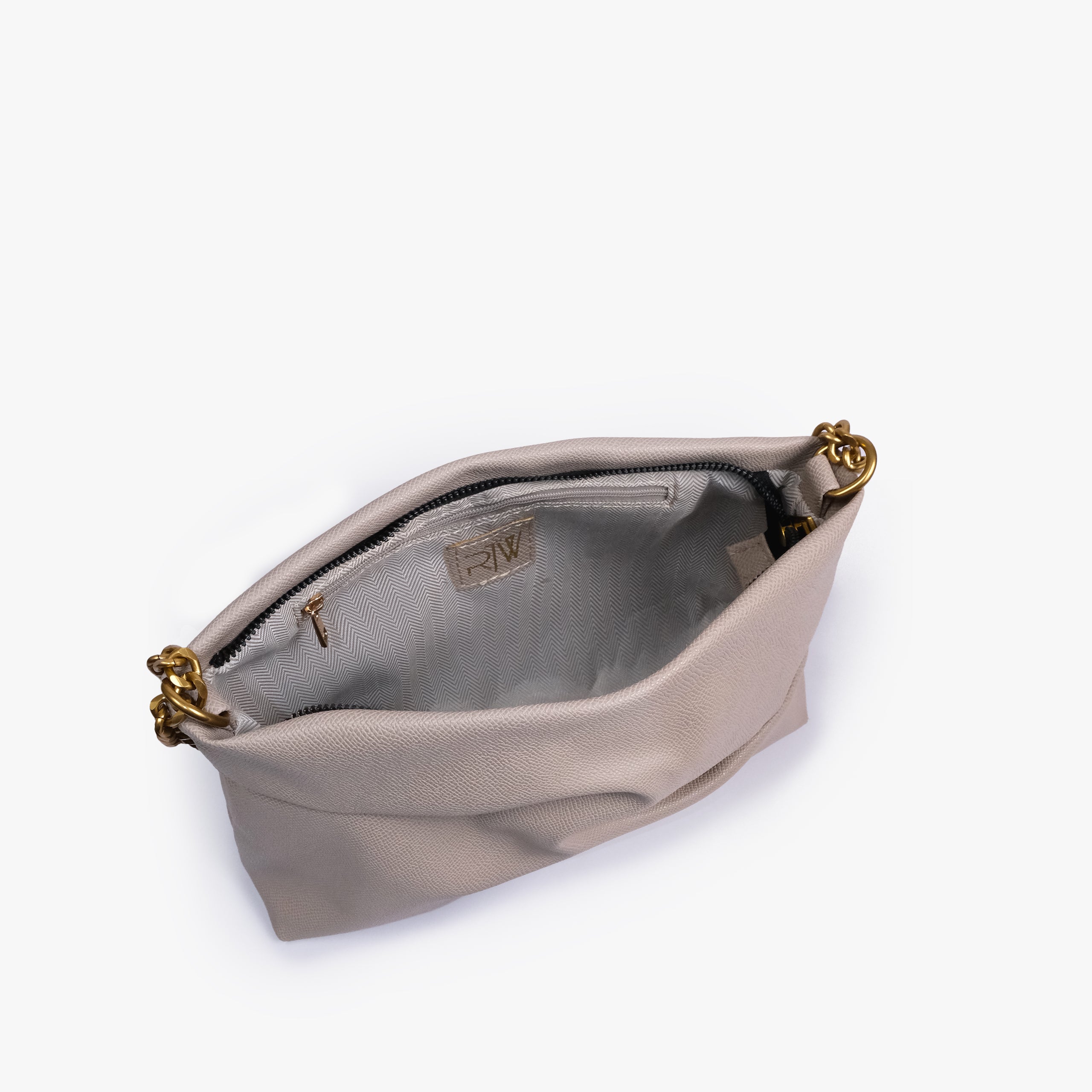 Taupe pleated clutch bag with chain — open interior view showing the zipper closure, light lining, RTW label and interior zip pocket, pale gray-beige taupe