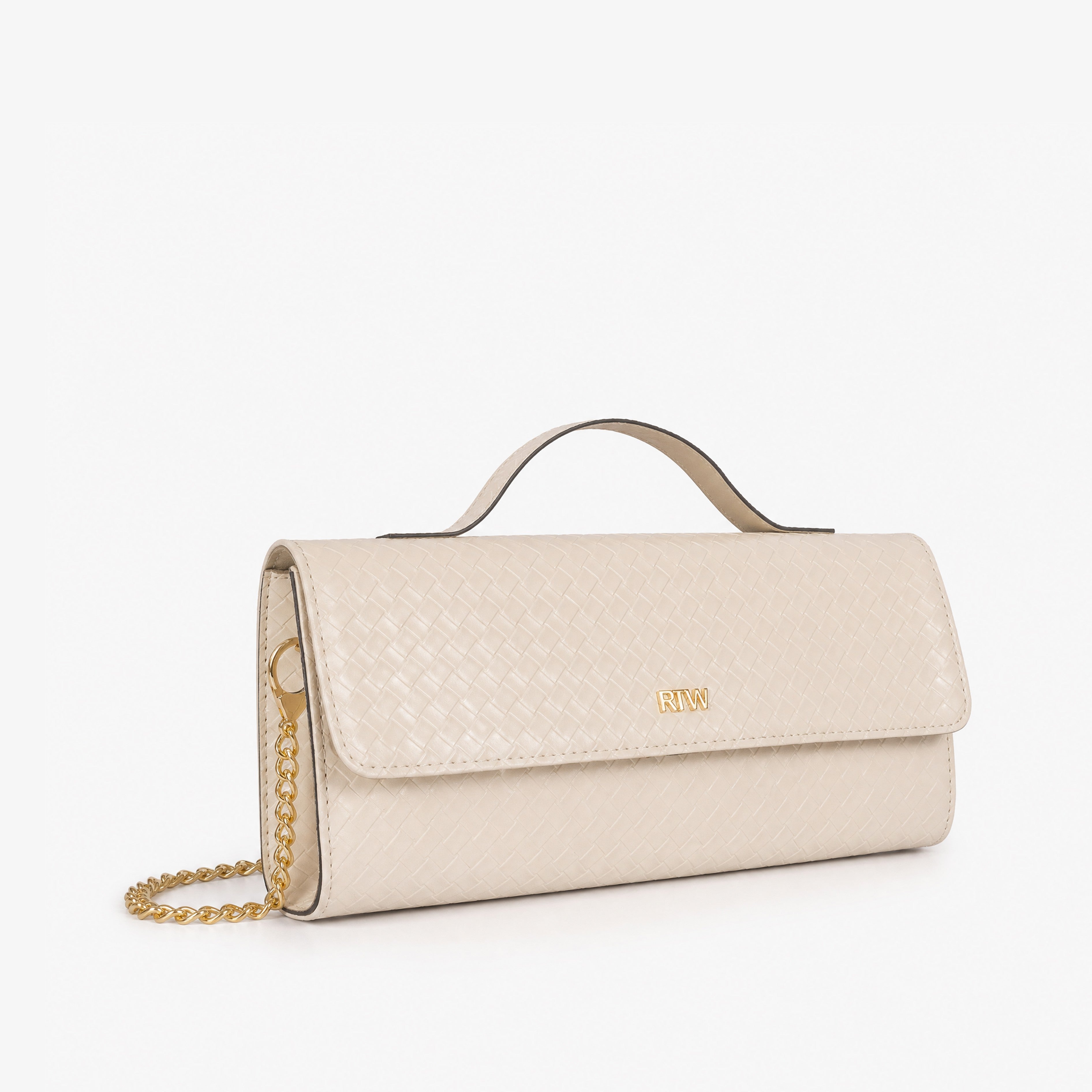 Pale woven cream weave clutch with gold chain — front view showing RTW logo plate