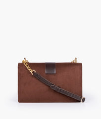 Dark brown suede east-west shoulder bag with half chain