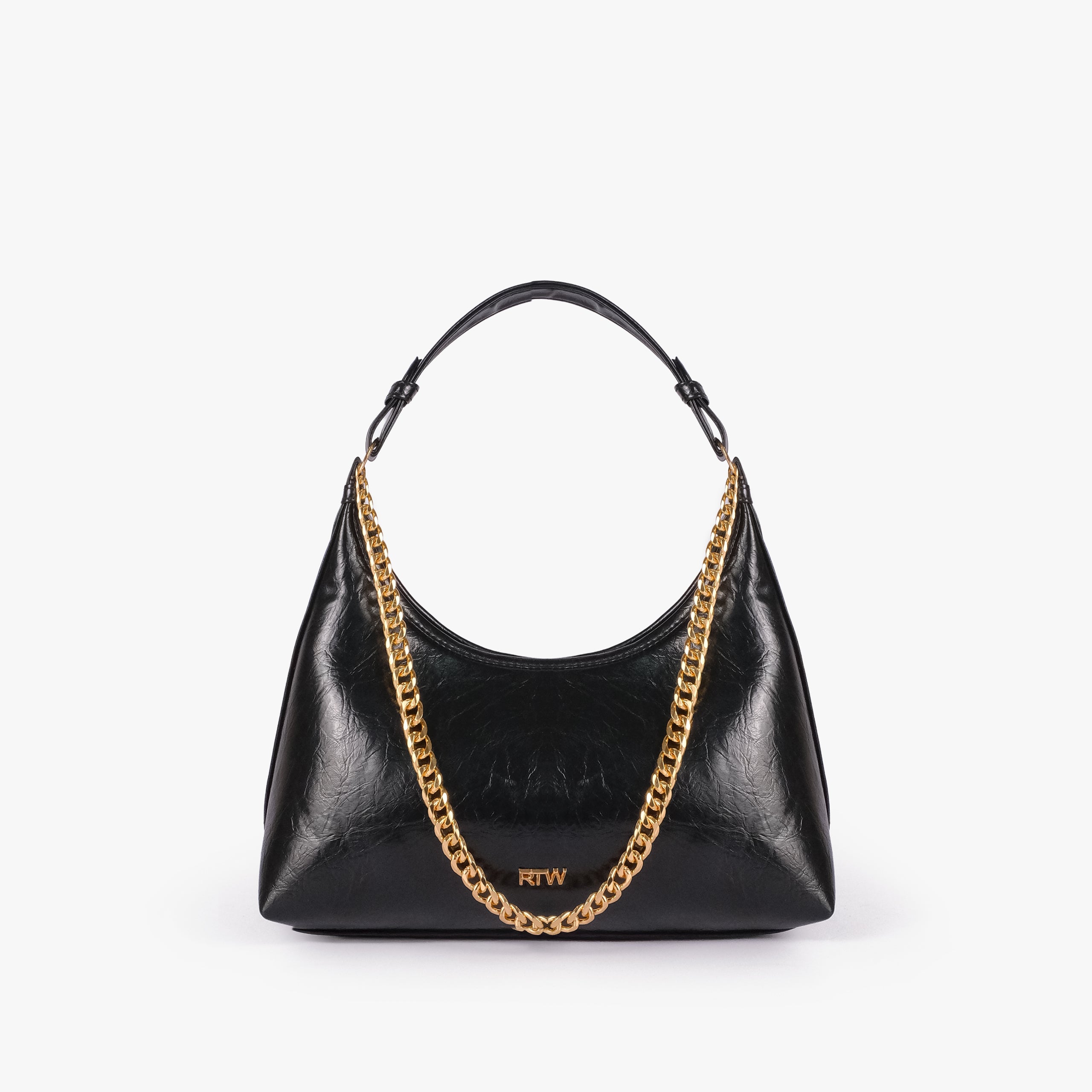 Black crinkle crescent hobo — front view showing the slouchy crinkle faux-leather crescent hobo shape and gold-tone chain accent