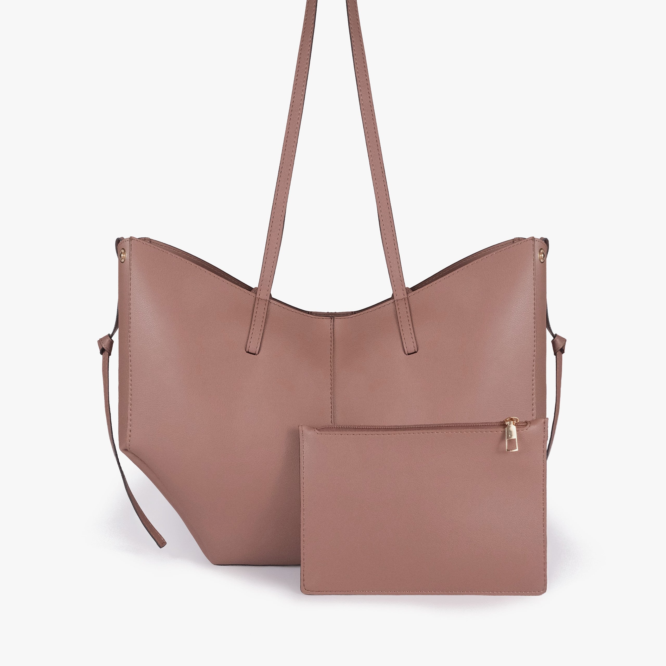 Brown atelier tote — back view with matching sienna brown detachable zip pouch alongside, gold zipper