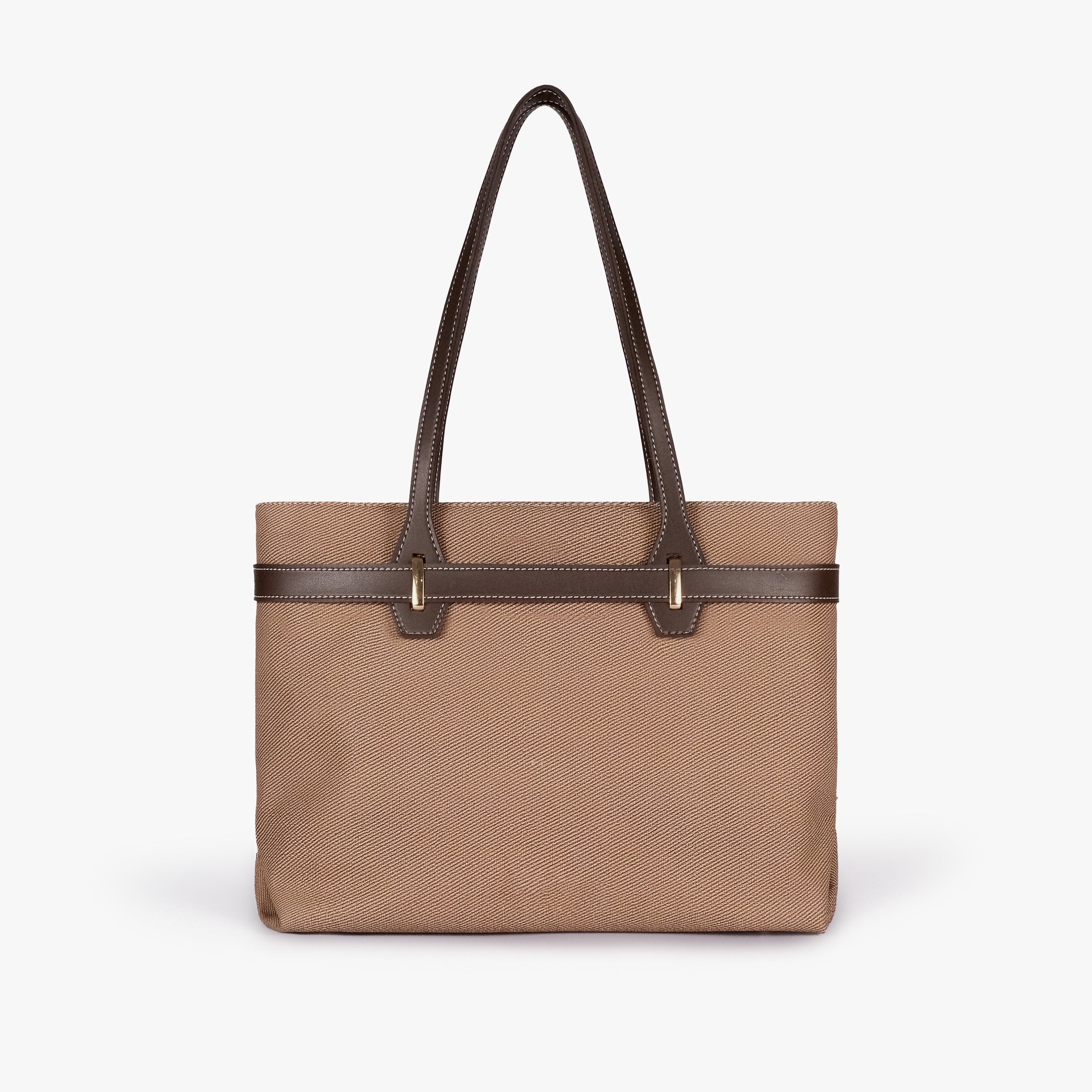 Dark brown belted tote bag — straight-on back view showing the textured back panel, smooth trim, long shoulder handles, and structured rectangular silhouette, taupe-brown textured body with dark brown smooth faux-leather trim