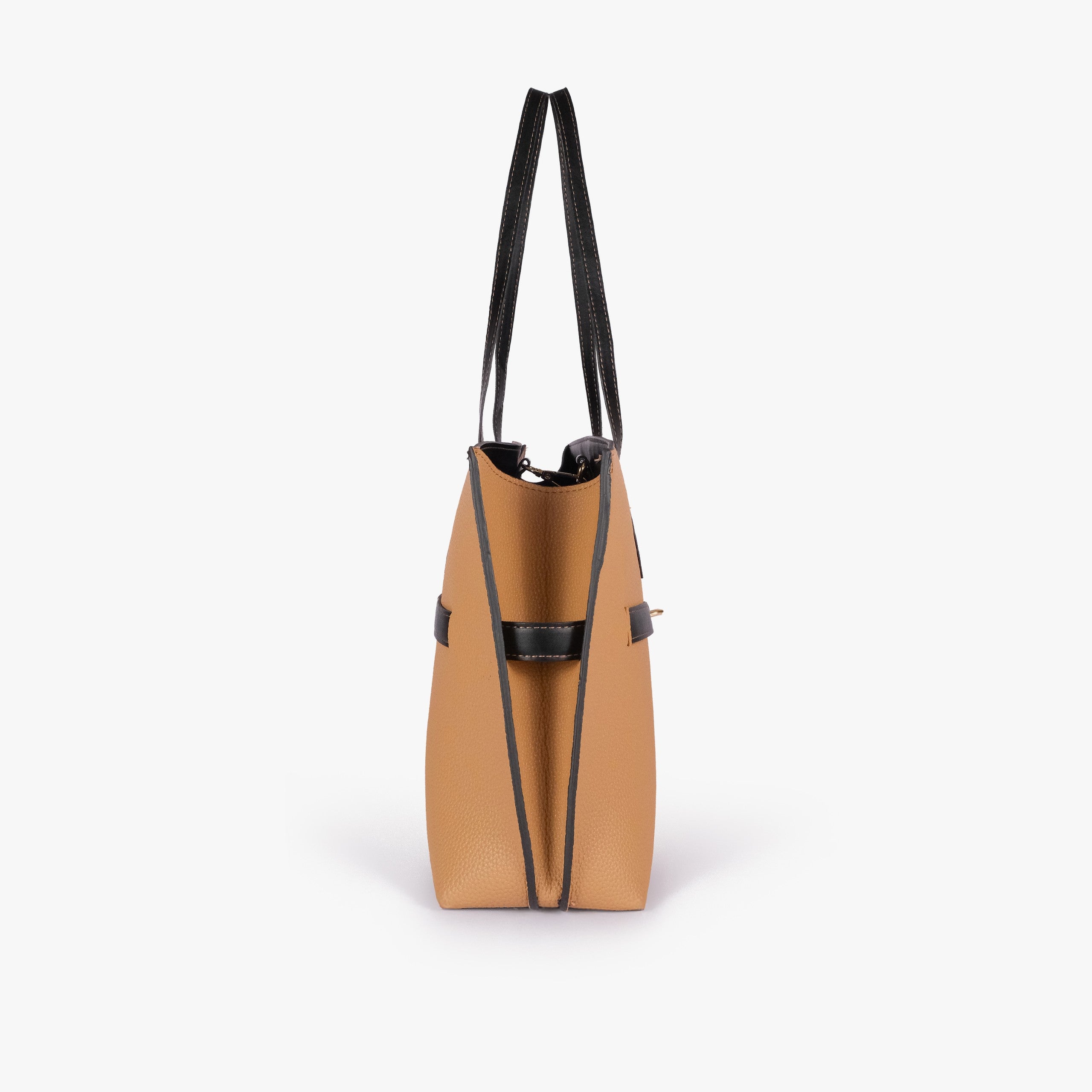 Coffee camel Monday Tote — side profile showing slim gusset and wing-cut origami corner fold with black accent edging