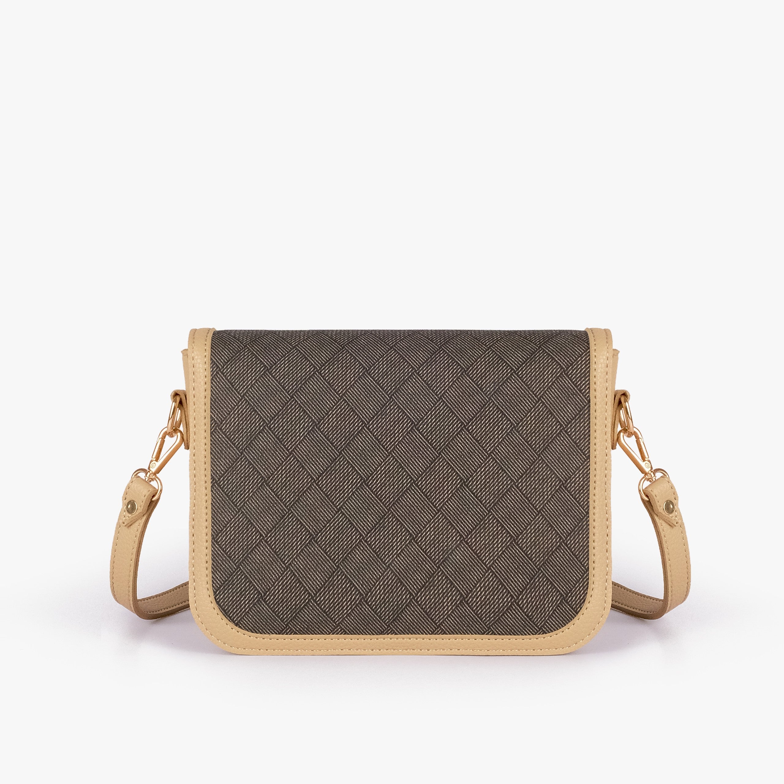 Mocha contrast cross-body bag — back view showing dark charcoal box-texture panel framed by cream pebbled trim