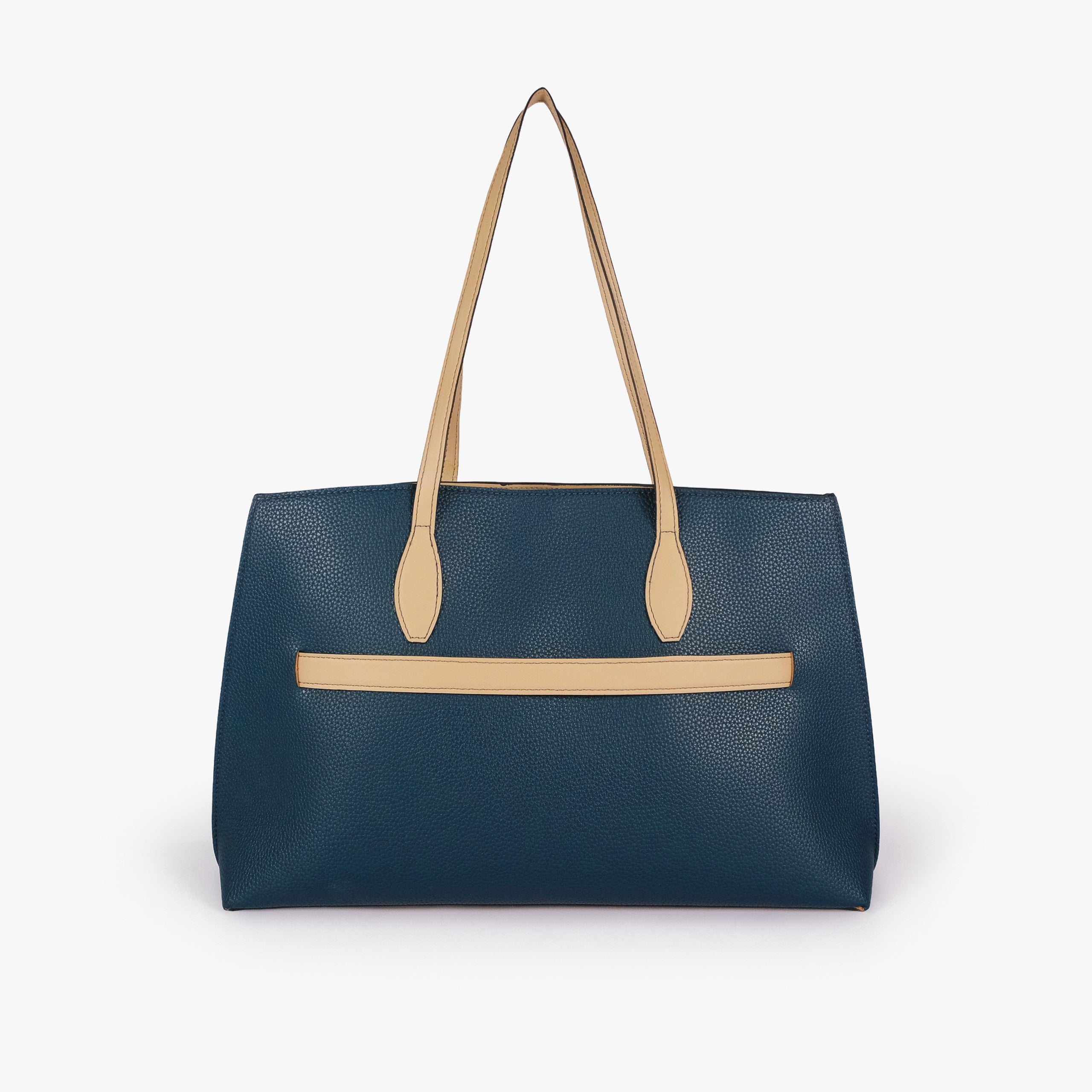 Teal Monday Tote — back view showing horizontal cream smooth slip pocket across the middle panel, two handles up