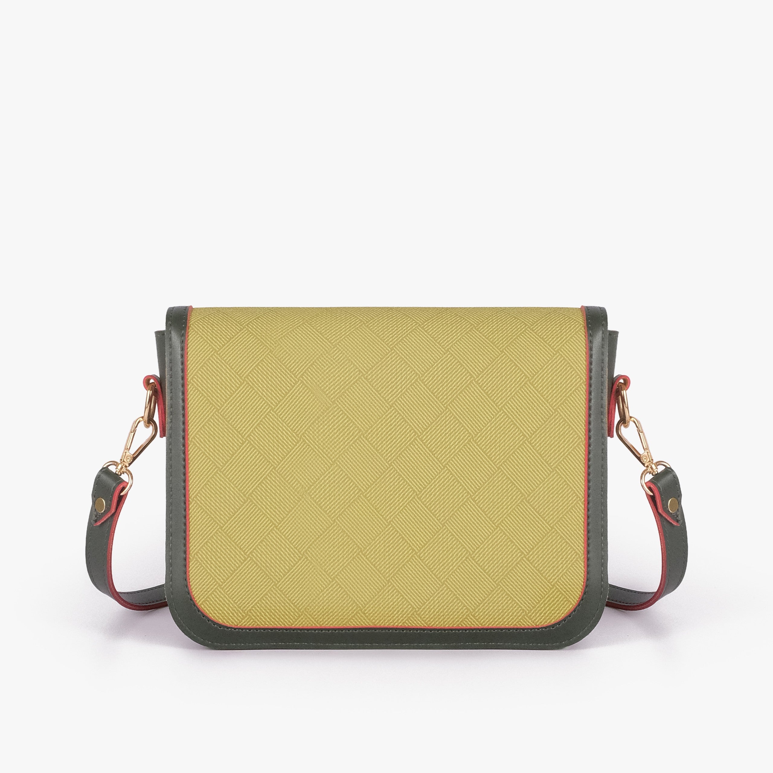 Olive contrast cross-body bag — back view showing yellow-green box-texture panel framed by dark forest-green pebbled trim