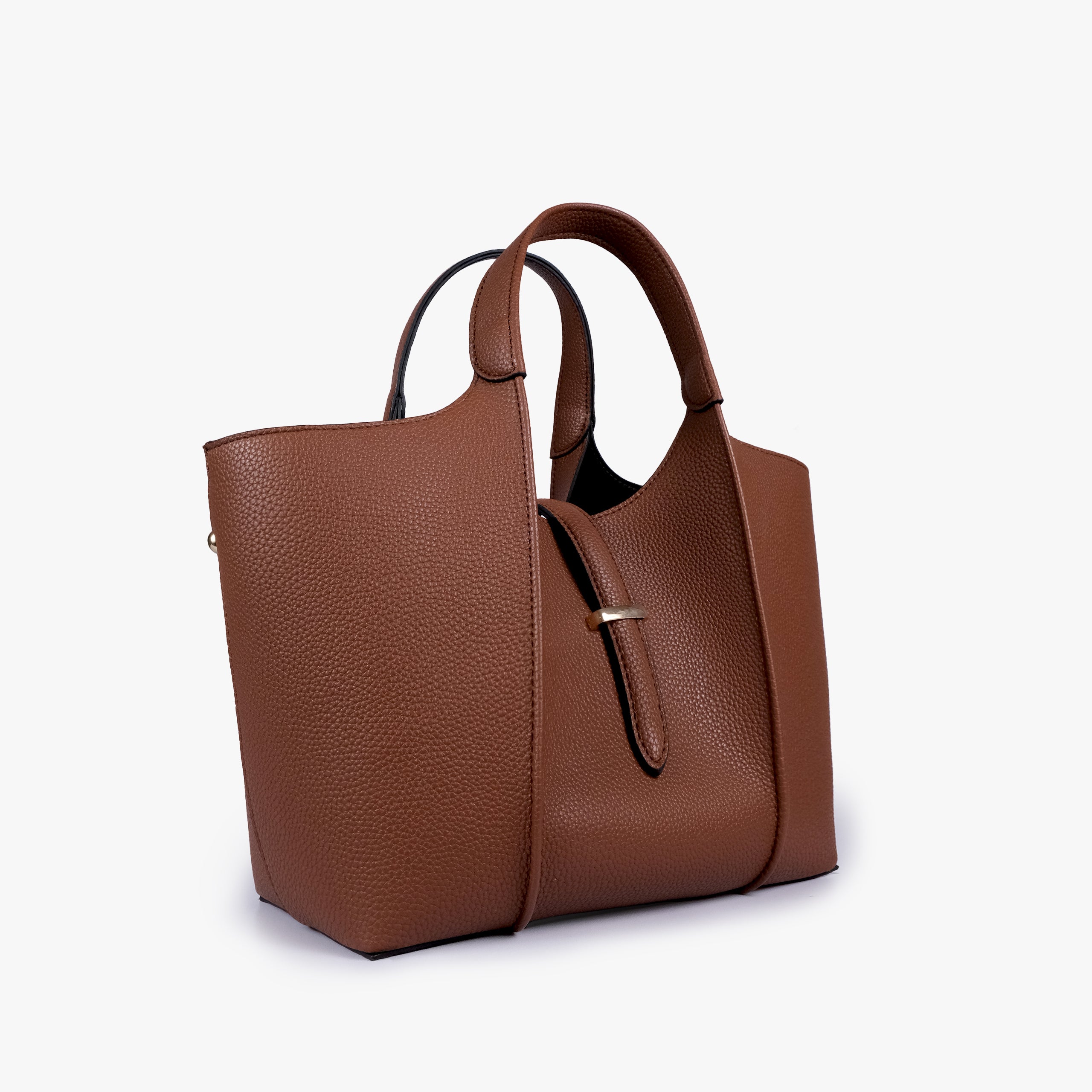 Brown scoop mini tote bag in three-quarter view