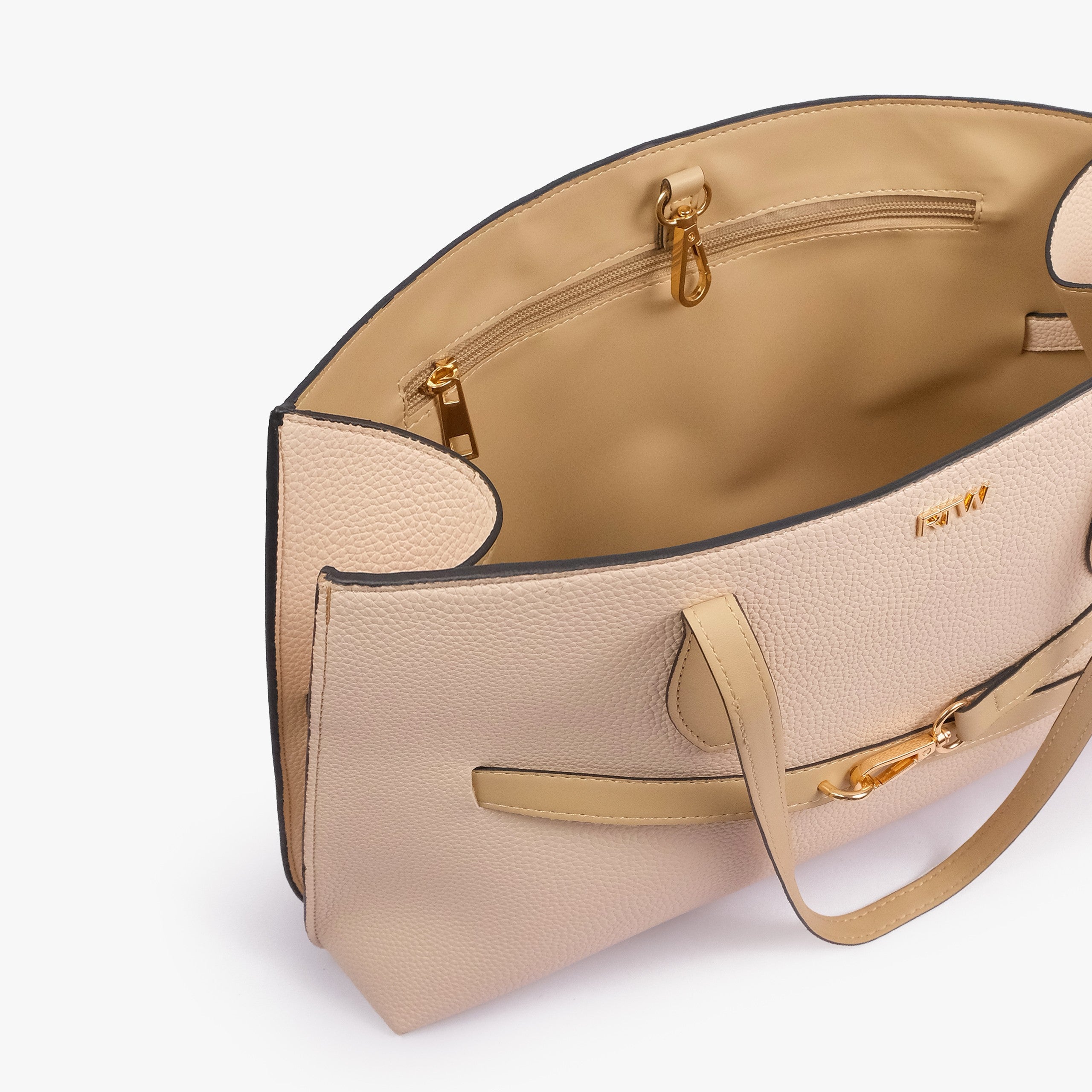 Off-white cream Monday Tote — interior angled view showing back-wall zipped pocket, gold zipper runner, tan lining, gold D-fittings